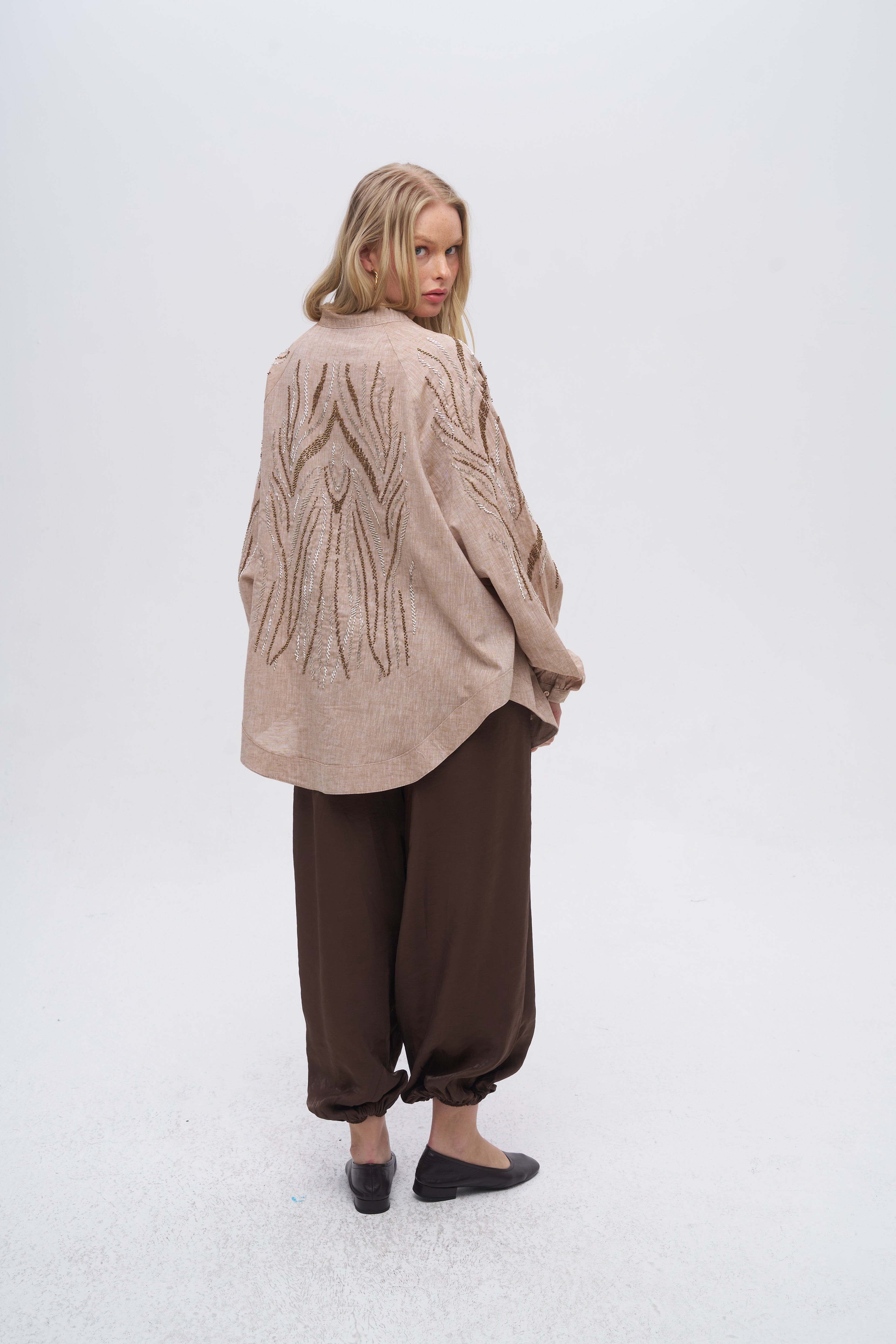Sırt ve Kol İşlemeli Oversize A.Kahve Kimono