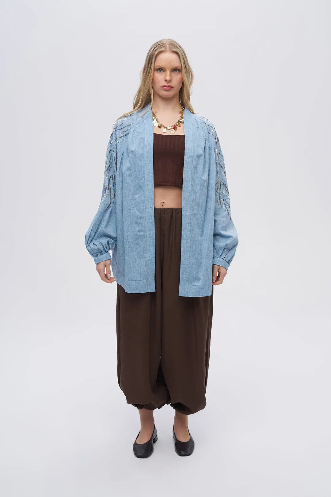 Sırt ve Kol İşlemeli Oversize Mavi Kimono ORFEONEGRO