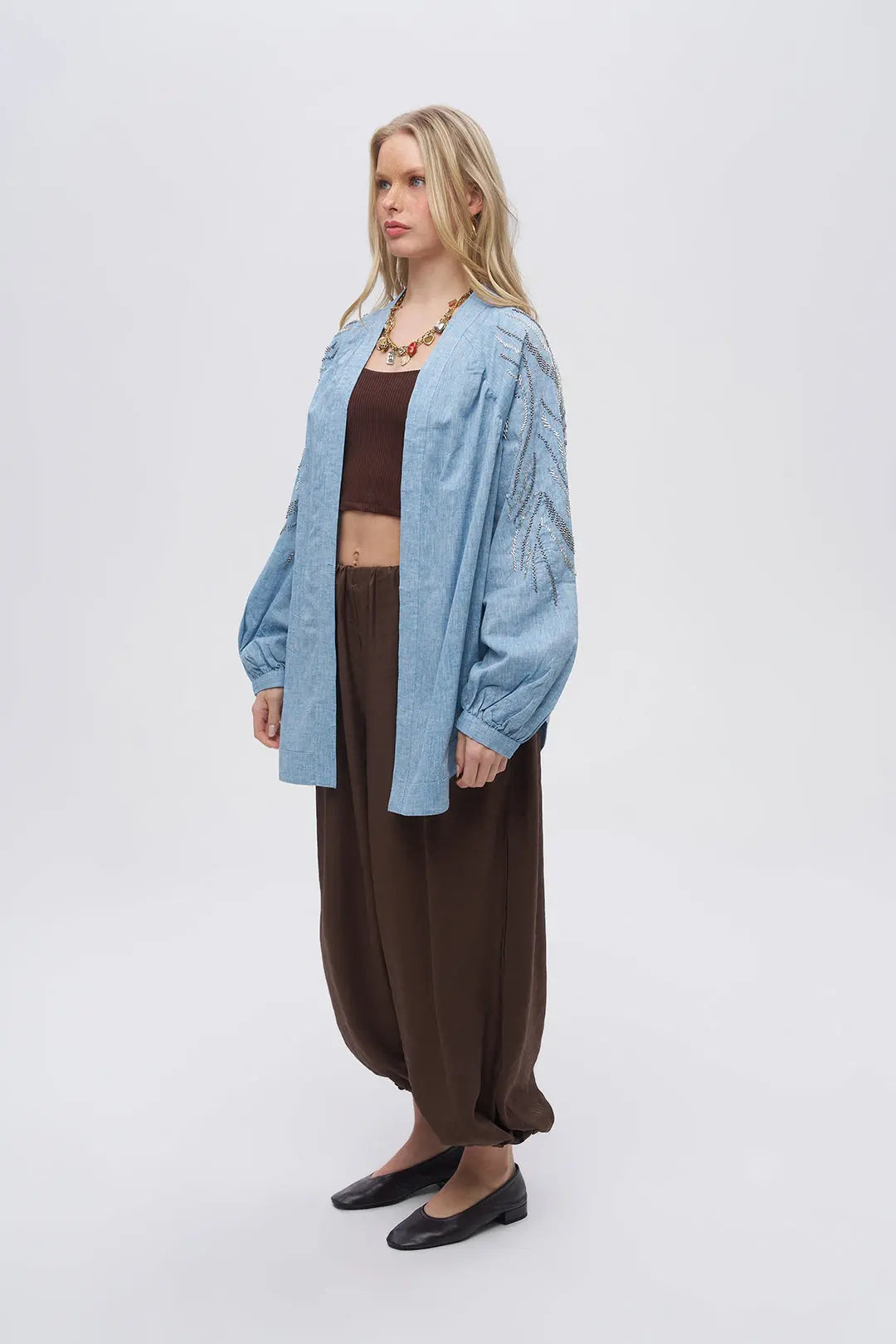 Sırt ve Kol İşlemeli Oversize Mavi Kimono ORFEONEGRO