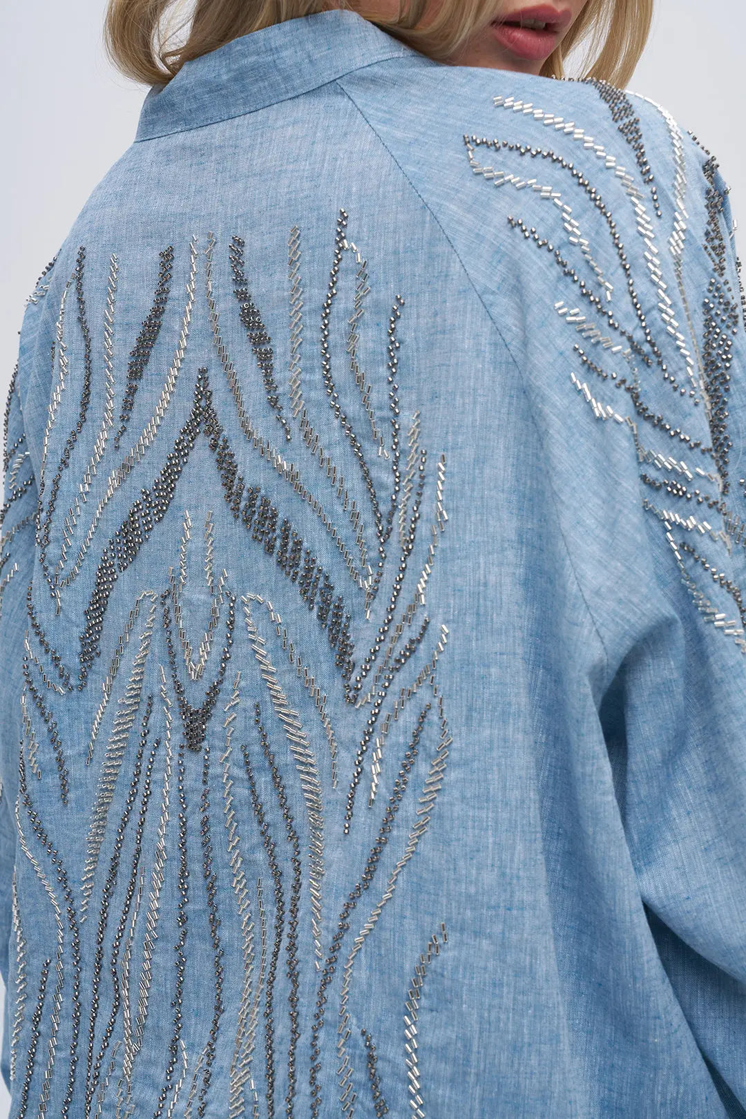 Sırt ve Kol İşlemeli Oversize Mavi Kimono ORFEONEGRO