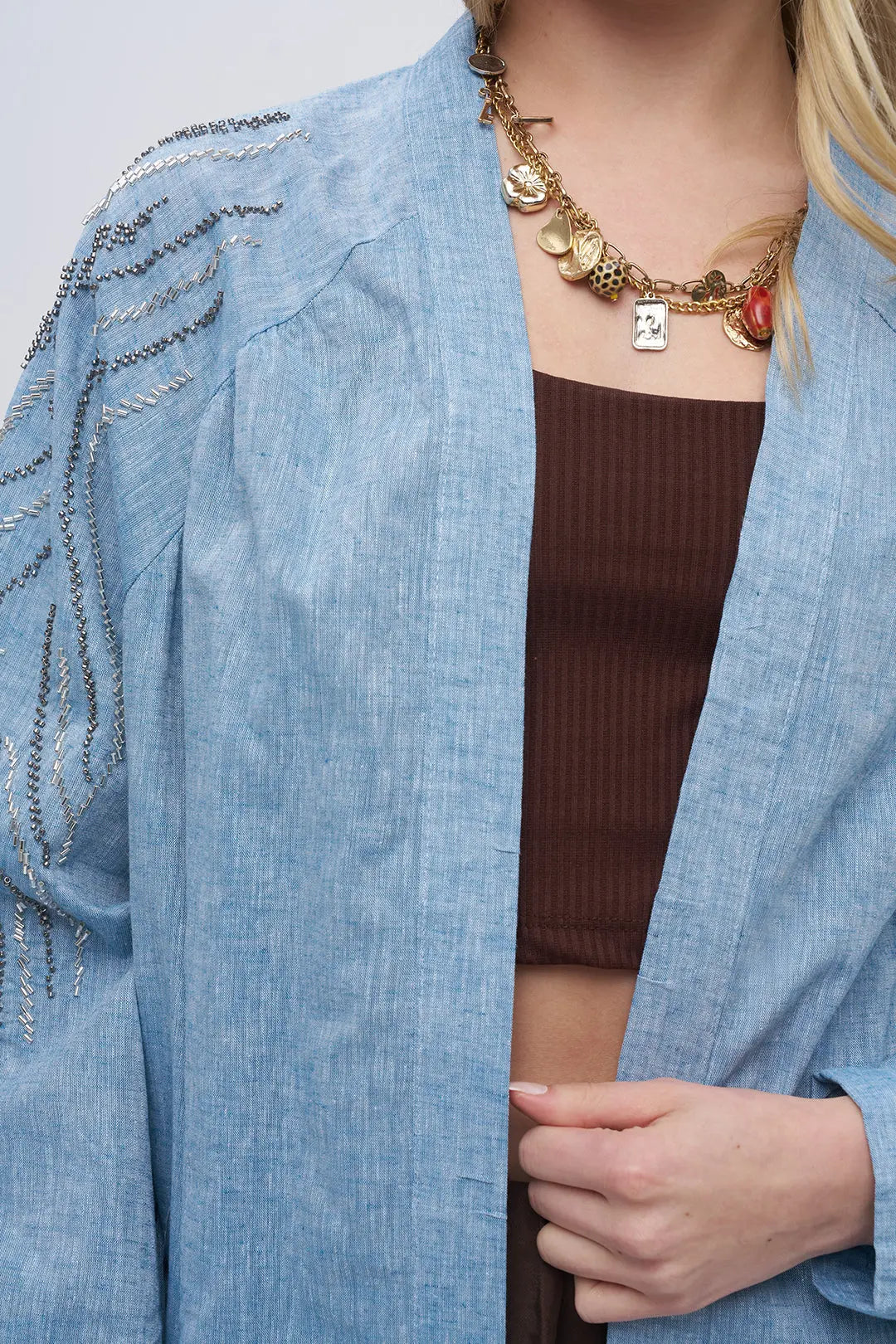 Sırt ve Kol İşlemeli Oversize Mavi Kimono ORFEONEGRO