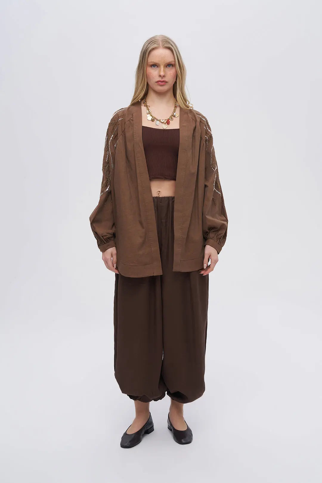 Sırt ve Kol İşlemeli Oversize Kahve Kimono ORFEONEGRO