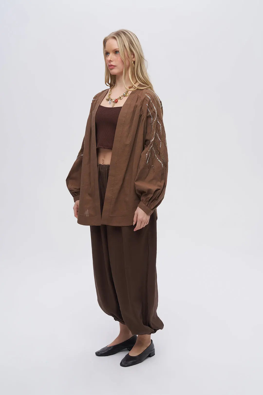 Sırt ve Kol İşlemeli Oversize Kahve Kimono ORFEONEGRO