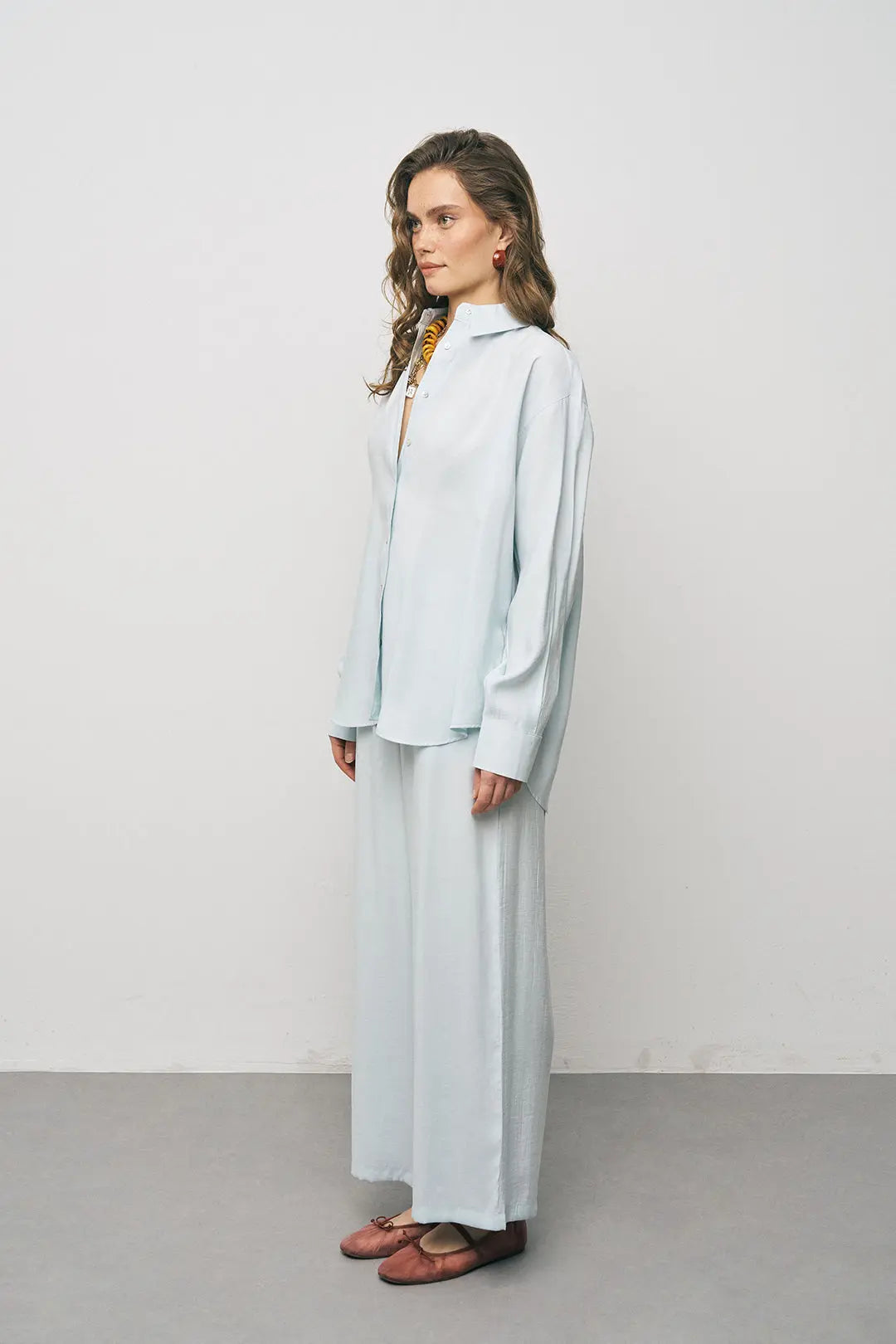 Orfeonegro Buz Mavisi Oversize Basic Uzun Kollu Gömlek ORFEONEGRO