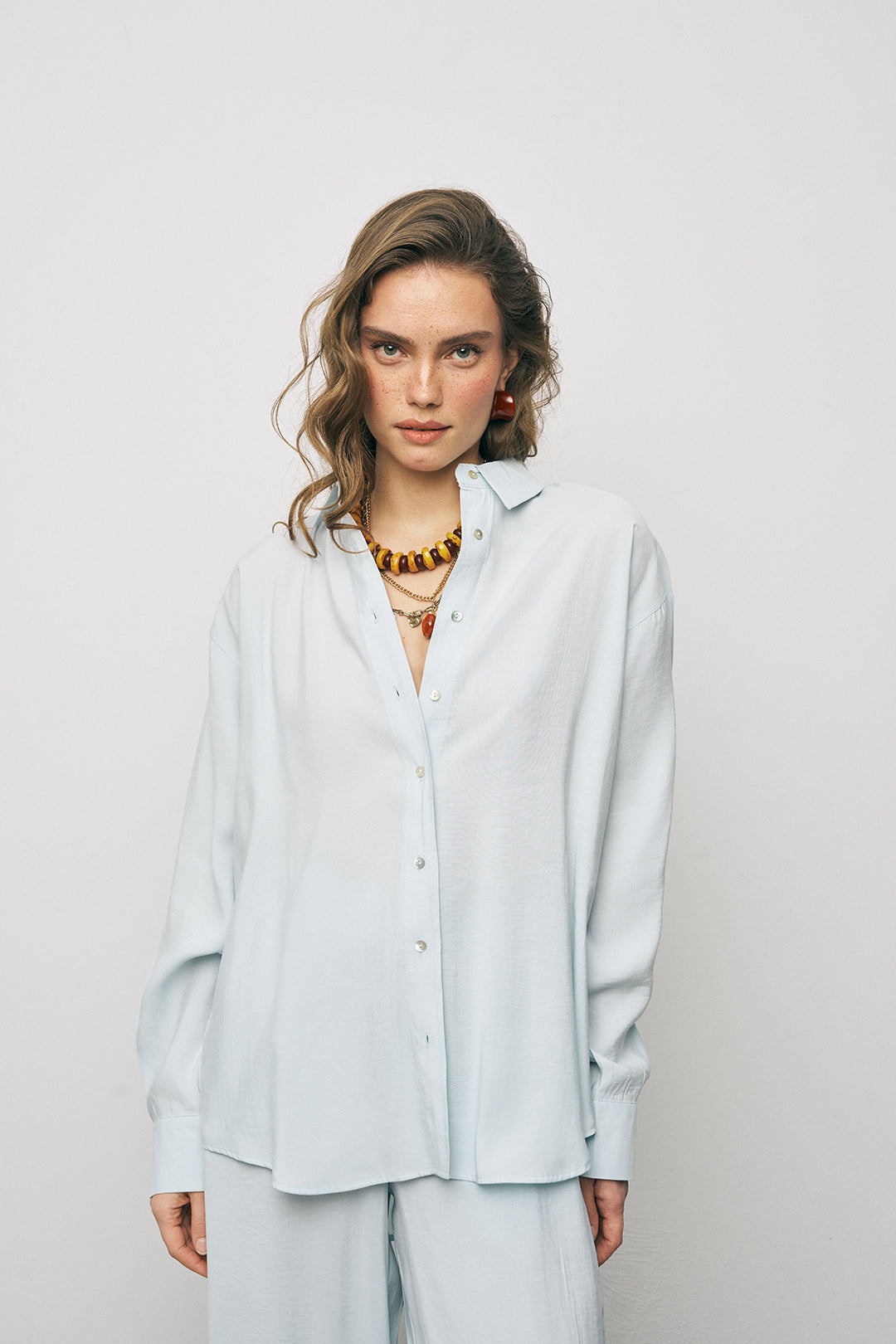 Orfeonegro Buz Mavisi Oversize Basic Uzun Kollu Gömlek