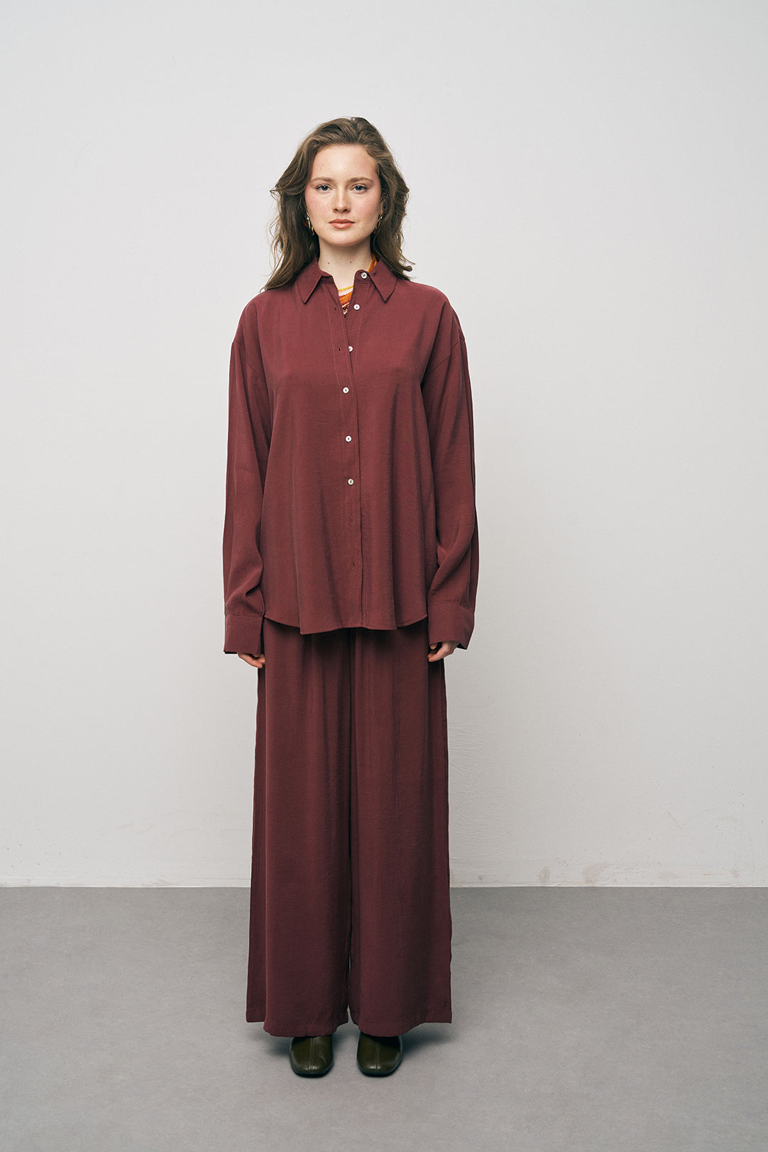Orfeonegro Bordo Oversize Basic Uzun Kollu Gömlek ORFEONEGRO