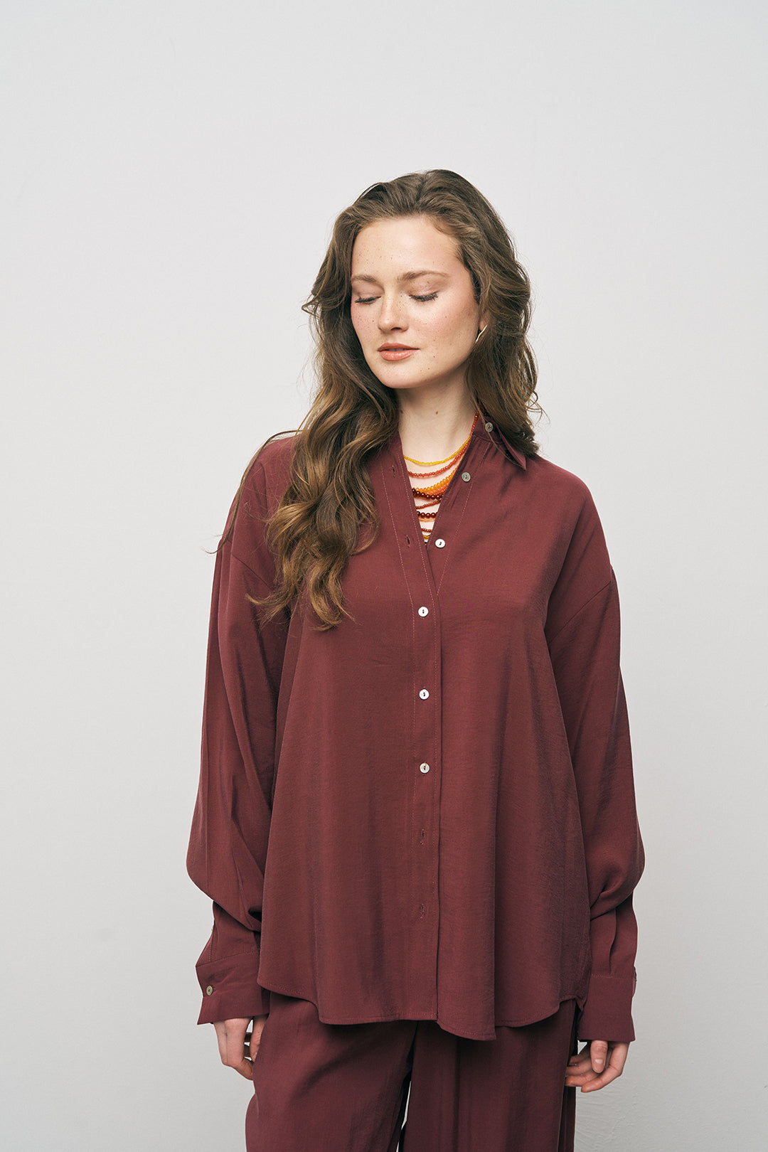 Orfeonegro Bordo Oversize Basic Uzun Kollu Gömlek