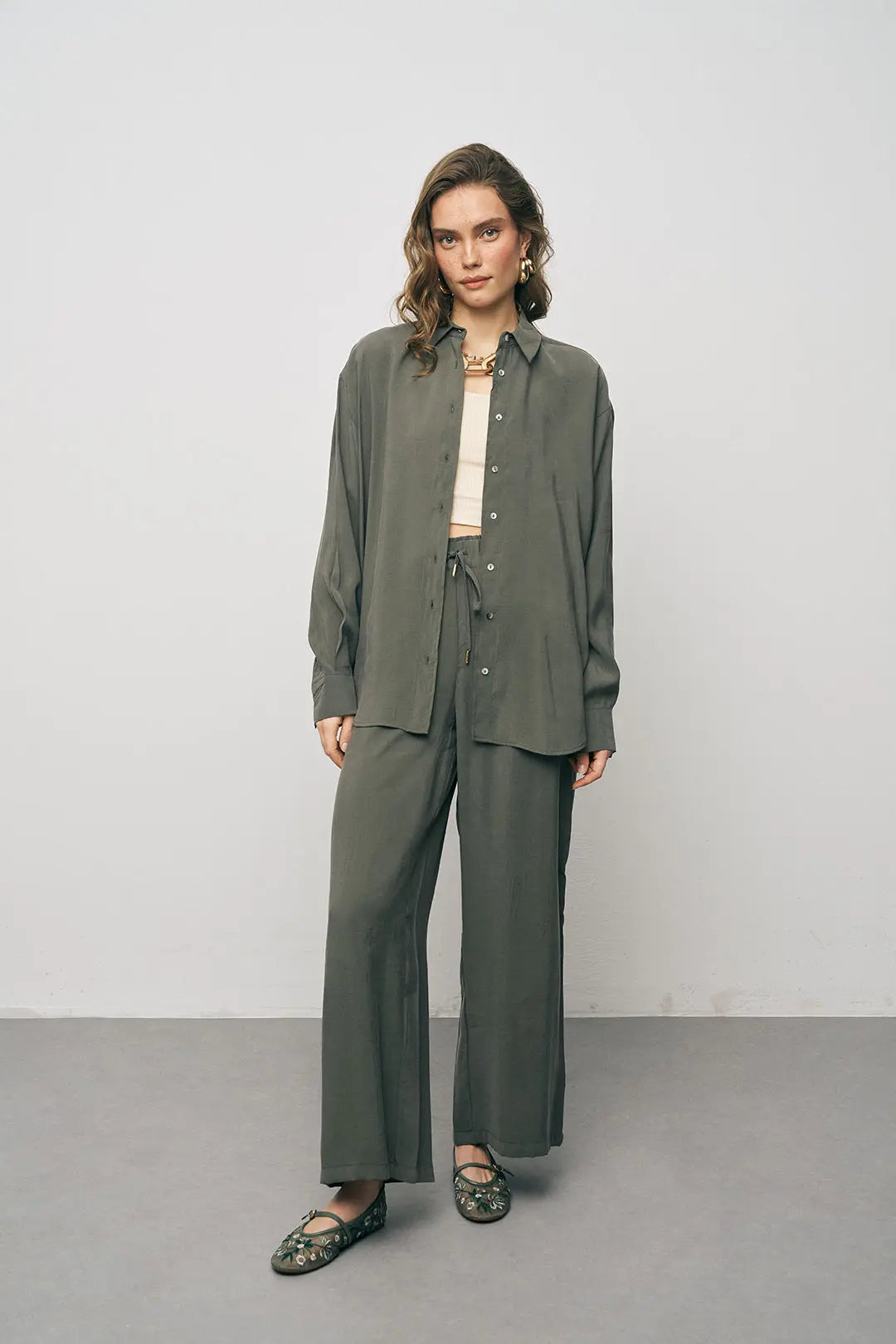 Orfeonegro Haki Oversize Basic Uzun Kollu Gömlek ORFEONEGRO