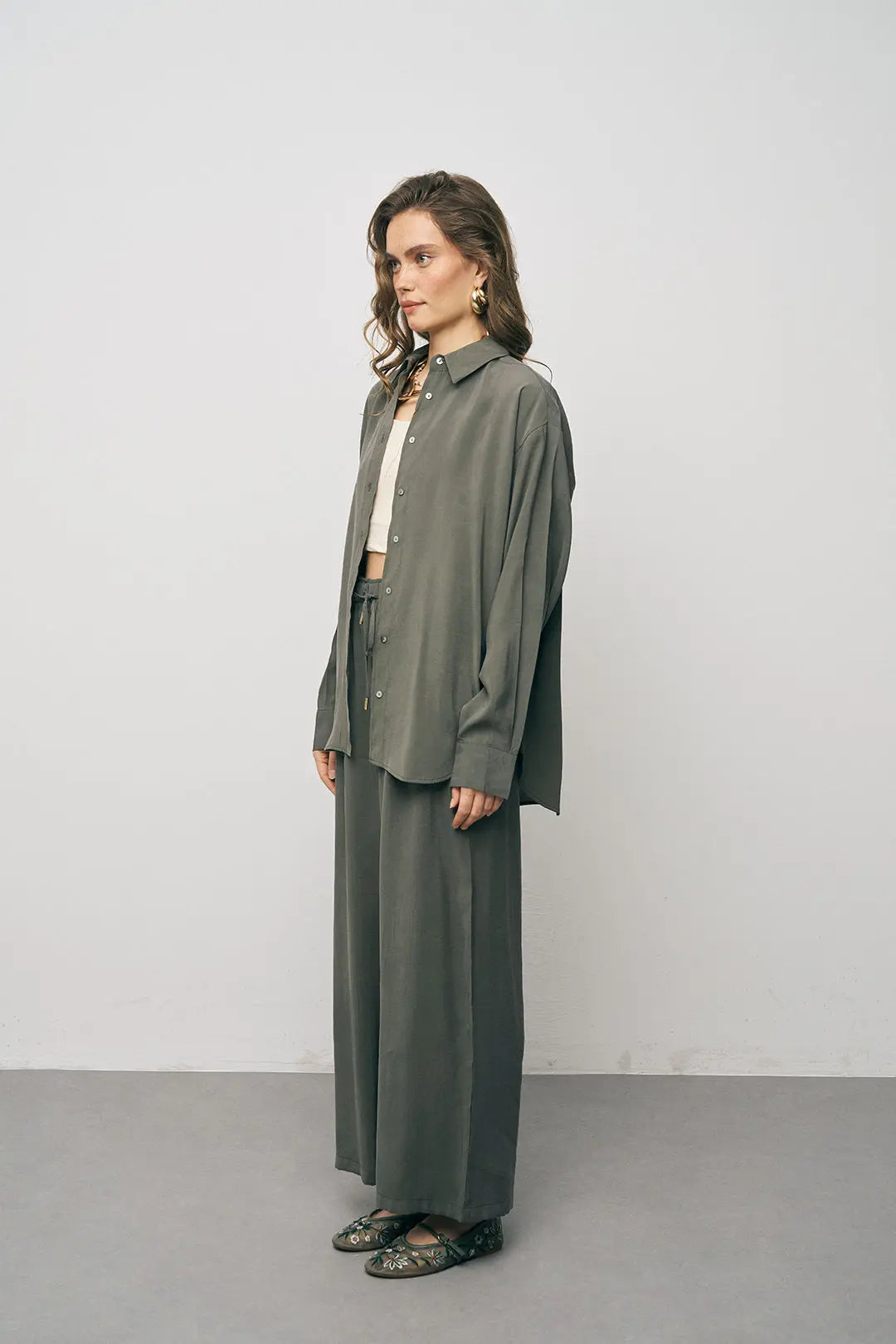Orfeonegro Haki Oversize Basic Uzun Kollu Gömlek ORFEONEGRO