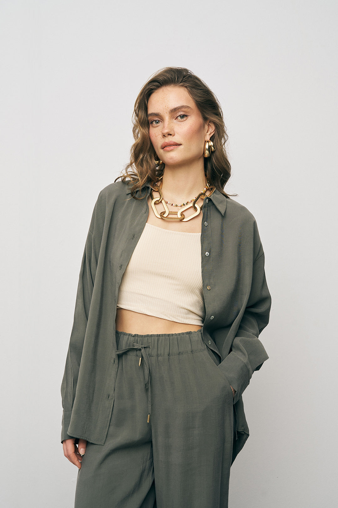 Orfeonegro Haki Oversize Basic Uzun Kollu Gömlek