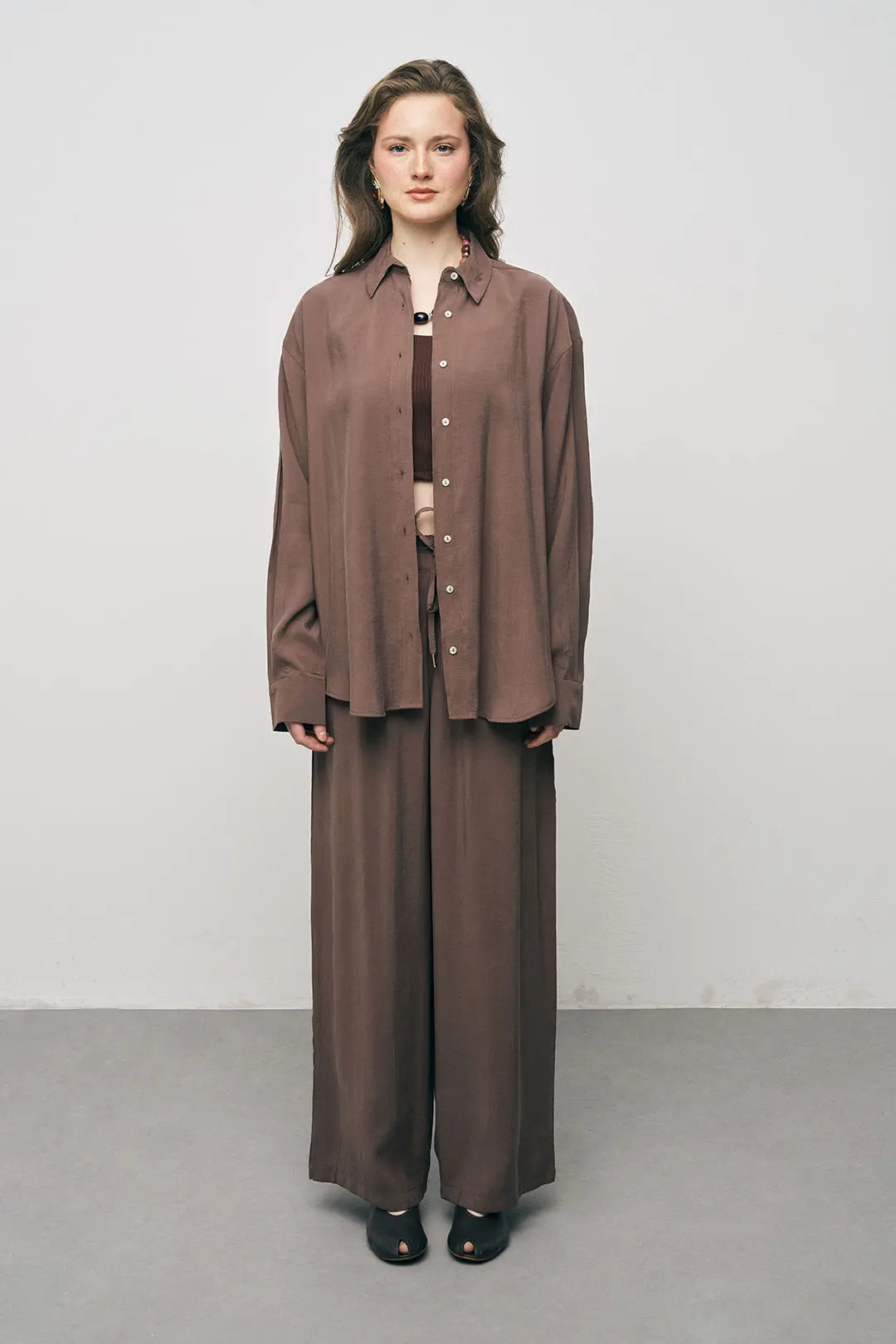 Orfeonegro Kahve Oversize Basic Uzun Kollu Gömlek ORFEONEGRO