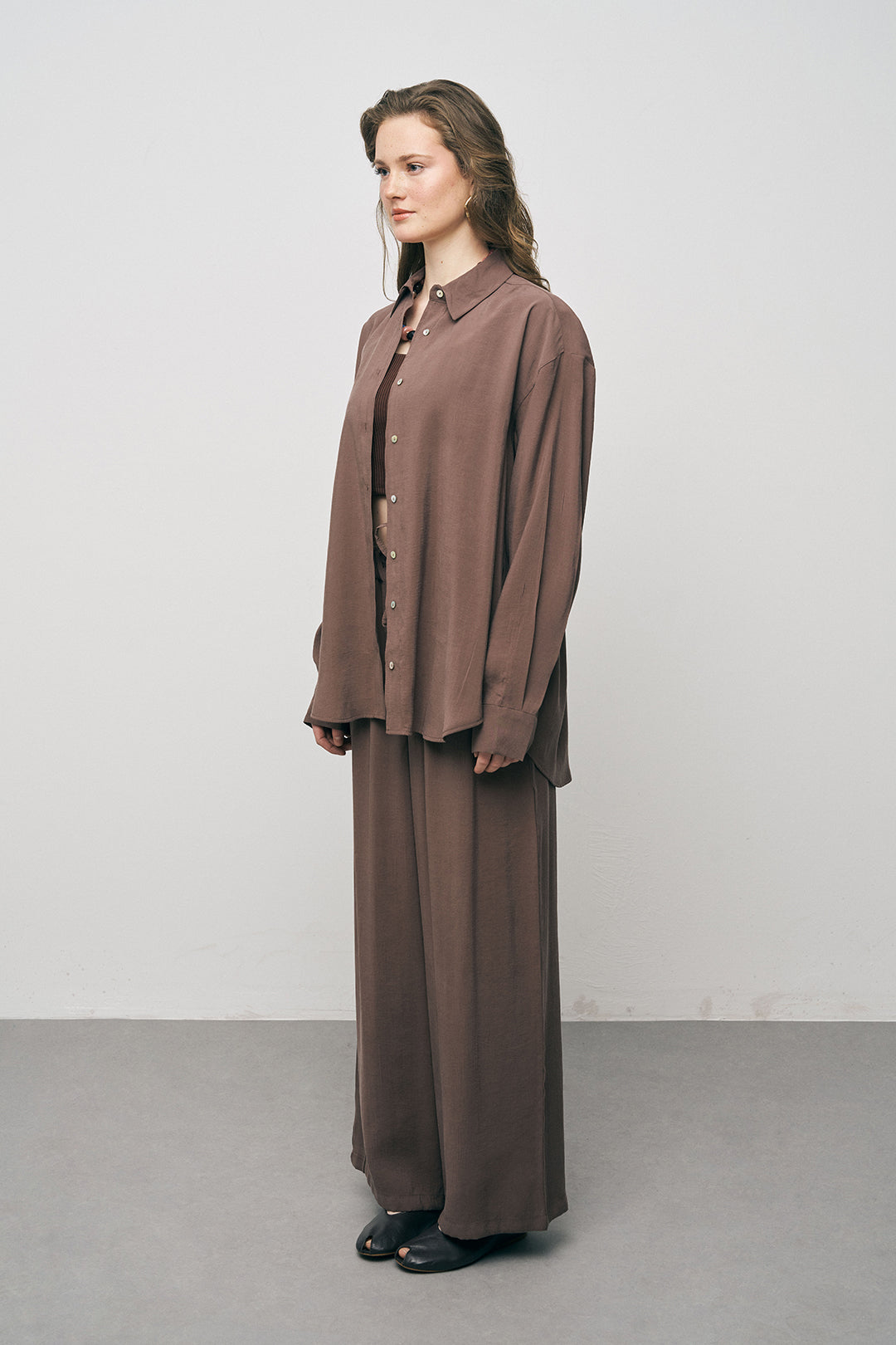 Orfeonegro Kahve Oversize Basic Uzun Kollu Gömlek