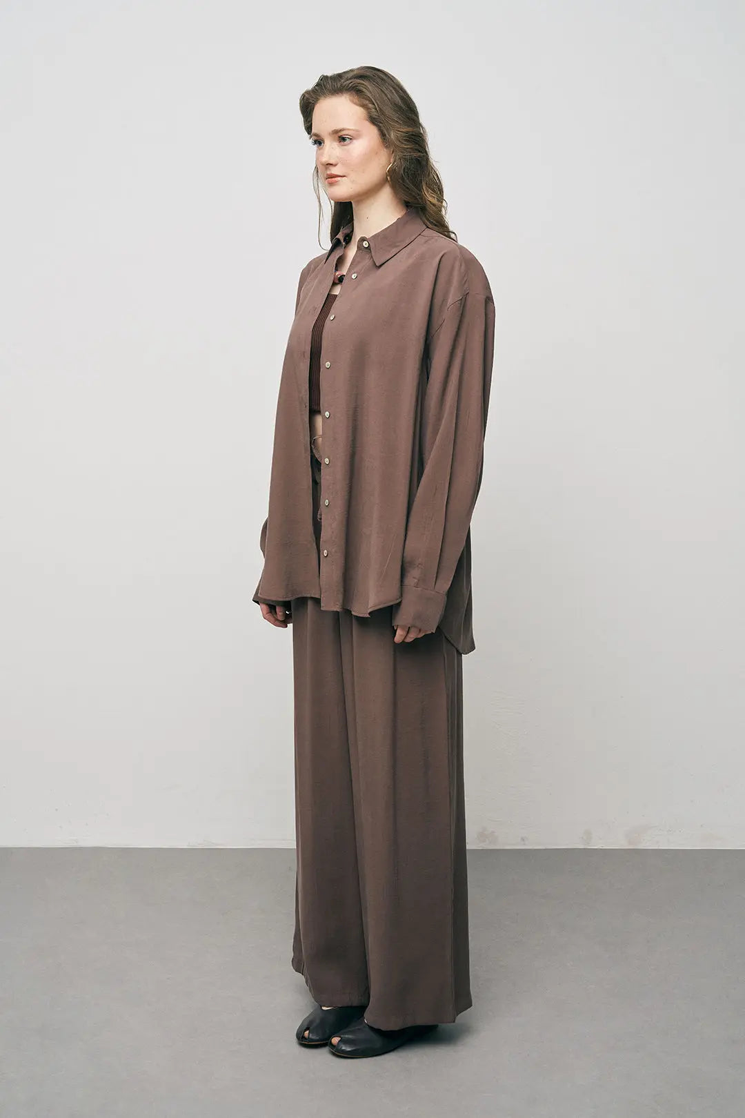 Orfeonegro Kahve Oversize Basic Uzun Kollu Gömlek ORFEONEGRO