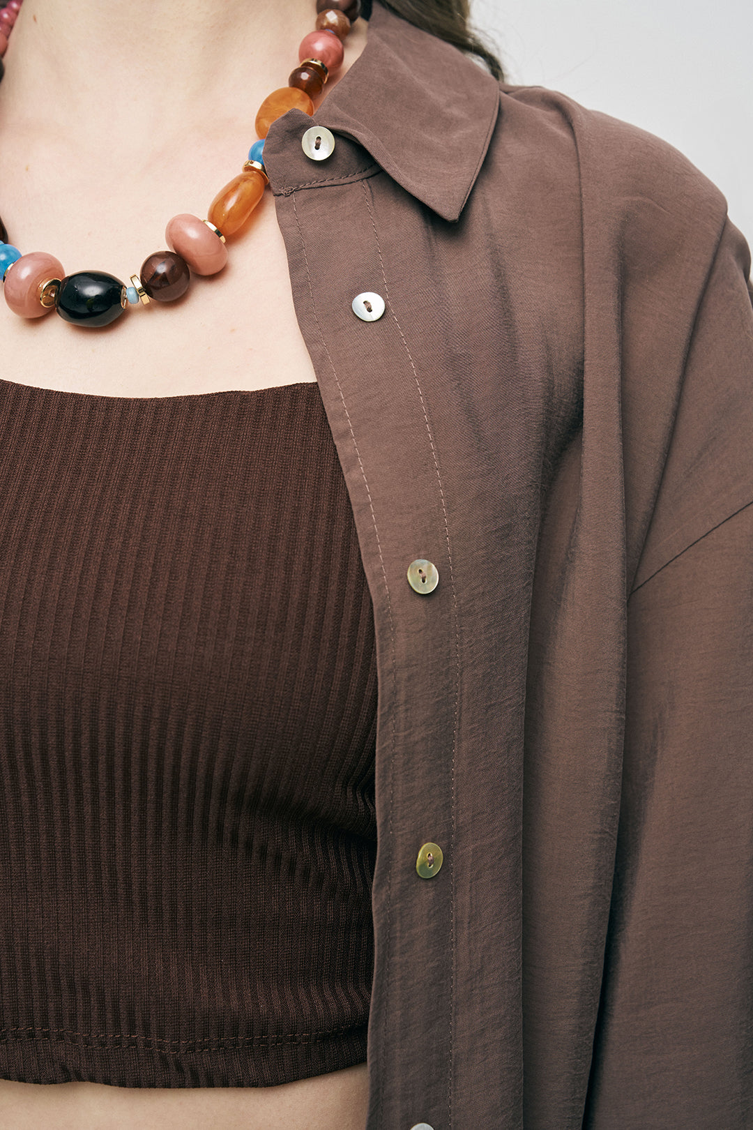 Orfeonegro Kahve Oversize Basic Uzun Kollu Gömlek