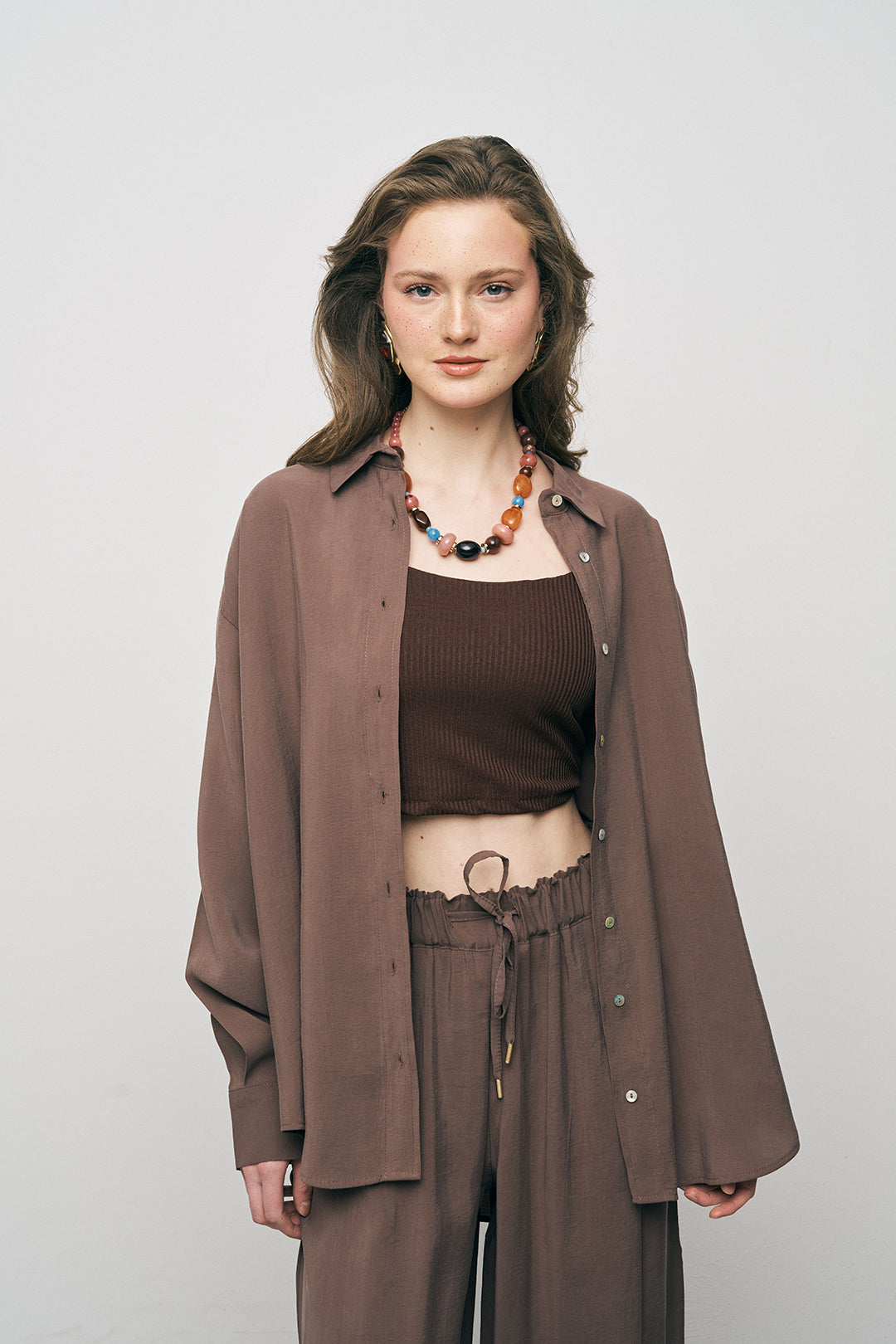 Orfeonegro Kahve Oversize Basic Uzun Kollu Gömlek