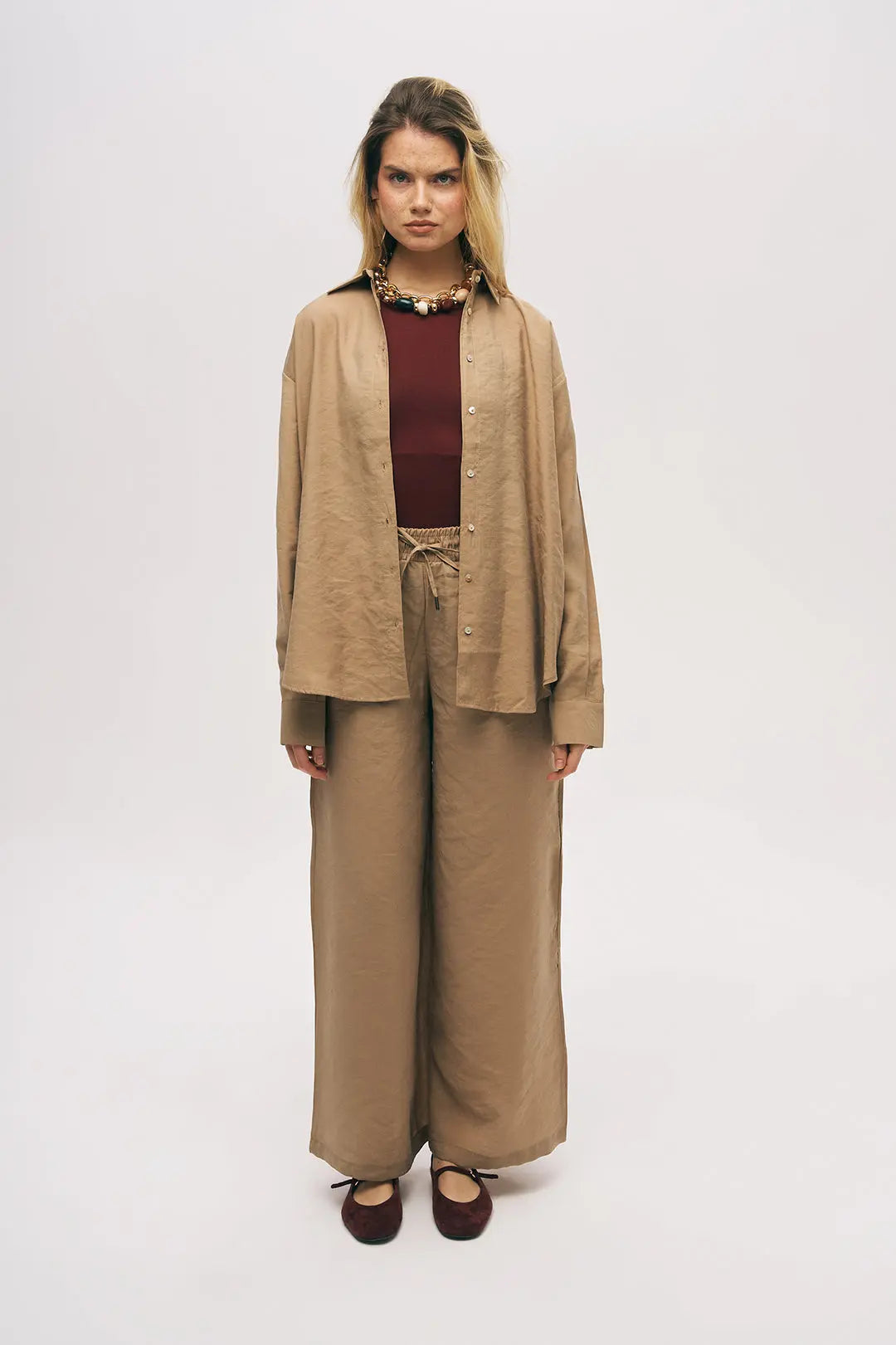 Orfeonegro Karamel Oversize Basic Uzun Kollu Gömlek ORFEONEGRO
