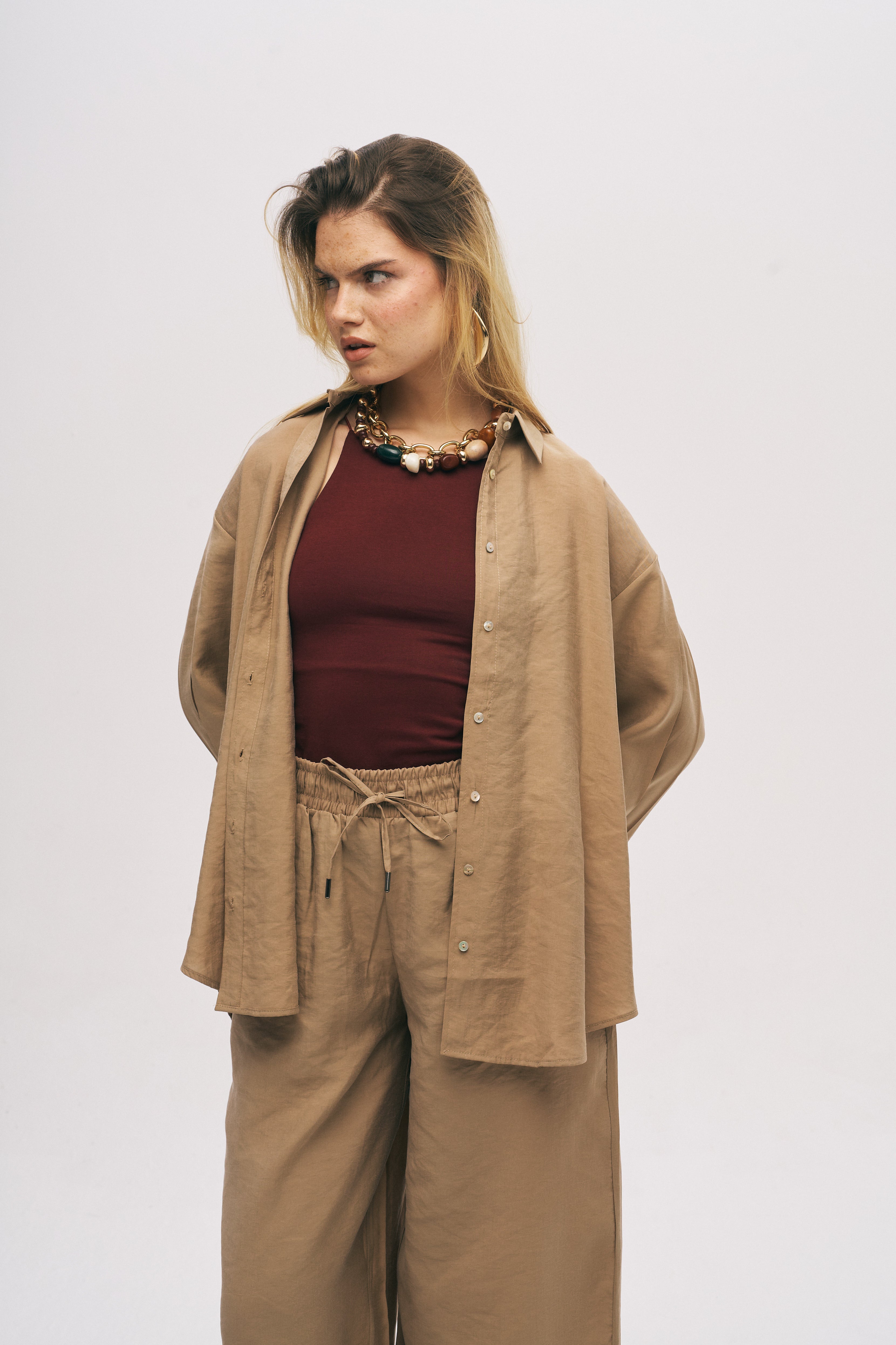 Orfeonegro Karamel Oversize Basic Uzun Kollu Gömlek