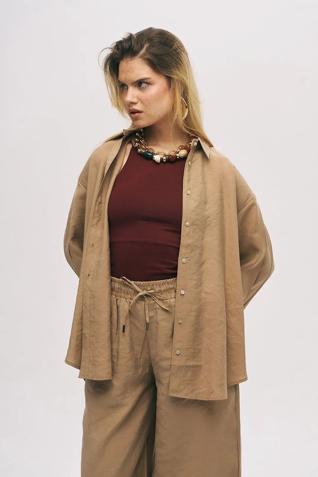 Orfeonegro Karamel Oversize Basic Uzun Kollu Gömlek ORFEONEGRO