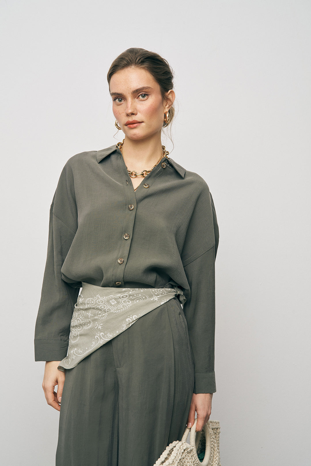 Orfeonegro Haki Boyfriend Fit Tiril Tiril Yazlık Gömlek