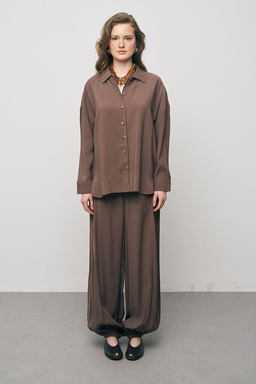 Orfeonegro Kahve Boyfriend Fit Tiril Tiril Yazlık Gömlek