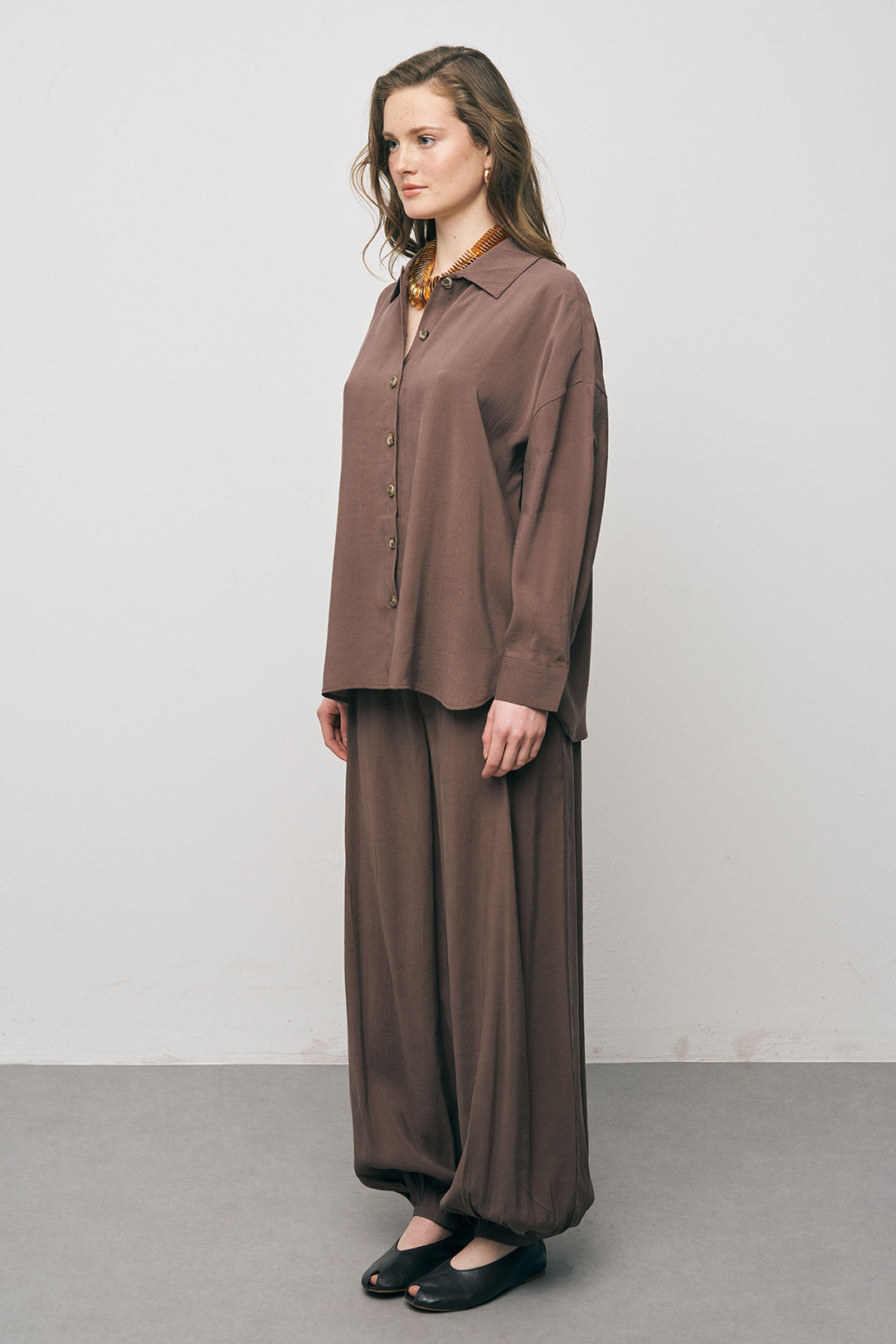 Orfeonegro Kahve Boyfriend Fit Tiril Tiril Yazlık Gömlek