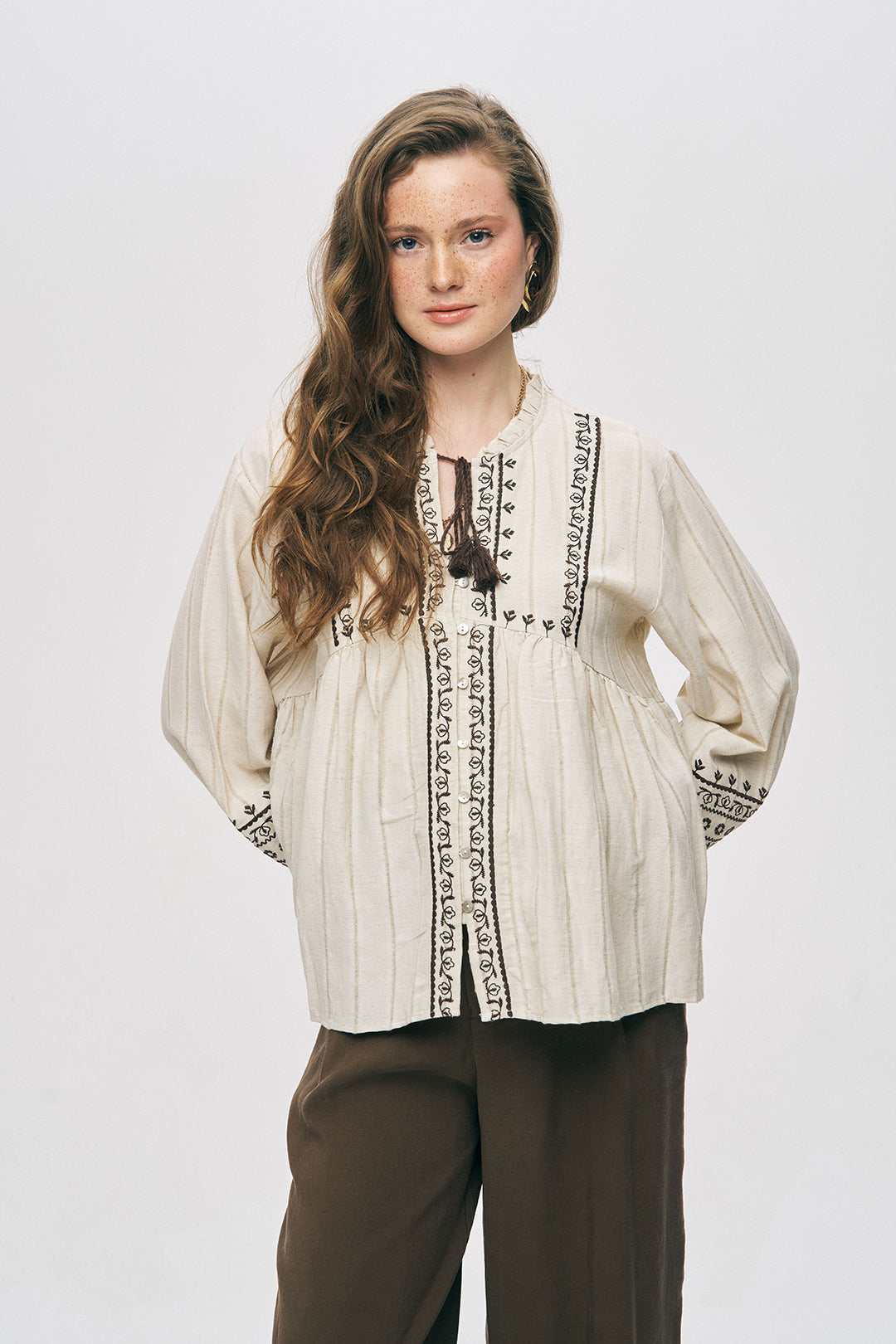 Orfeonegro Nakış İşlemeli ve Püskül Detaylı Bohem Gömlek