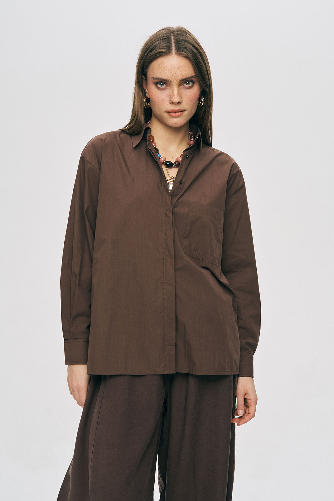 Orfeonegro Tek Cepli Oversize Kahverengi Gömlek