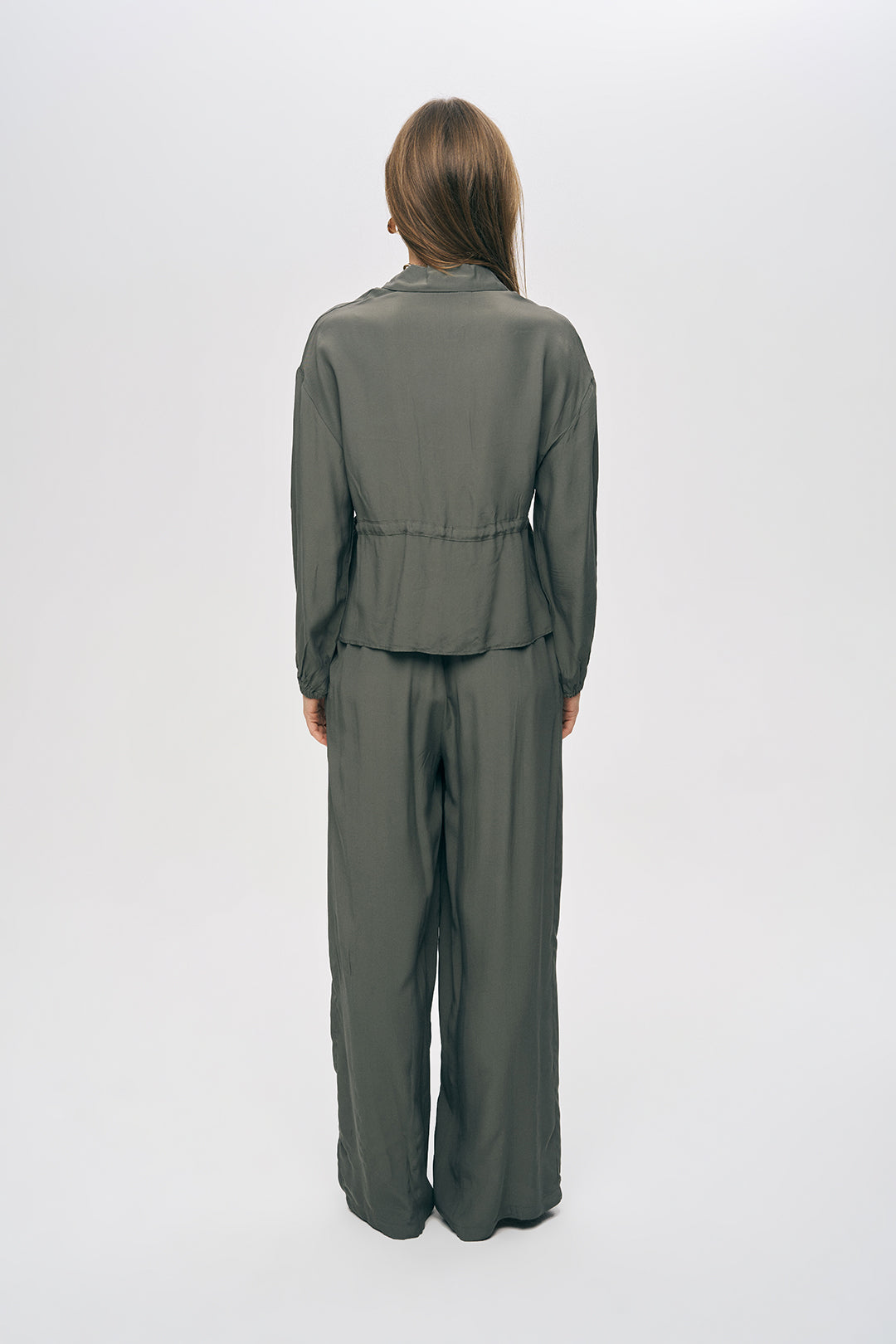 Beli Büzgülü ve Bağcıklı Haki Fermuarlı Şık Ceket Gömlek