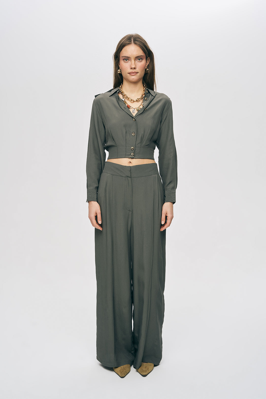 Orfeonegro Haki Rengi Kruvaze Detaylı Crop Tasarım Gömlek