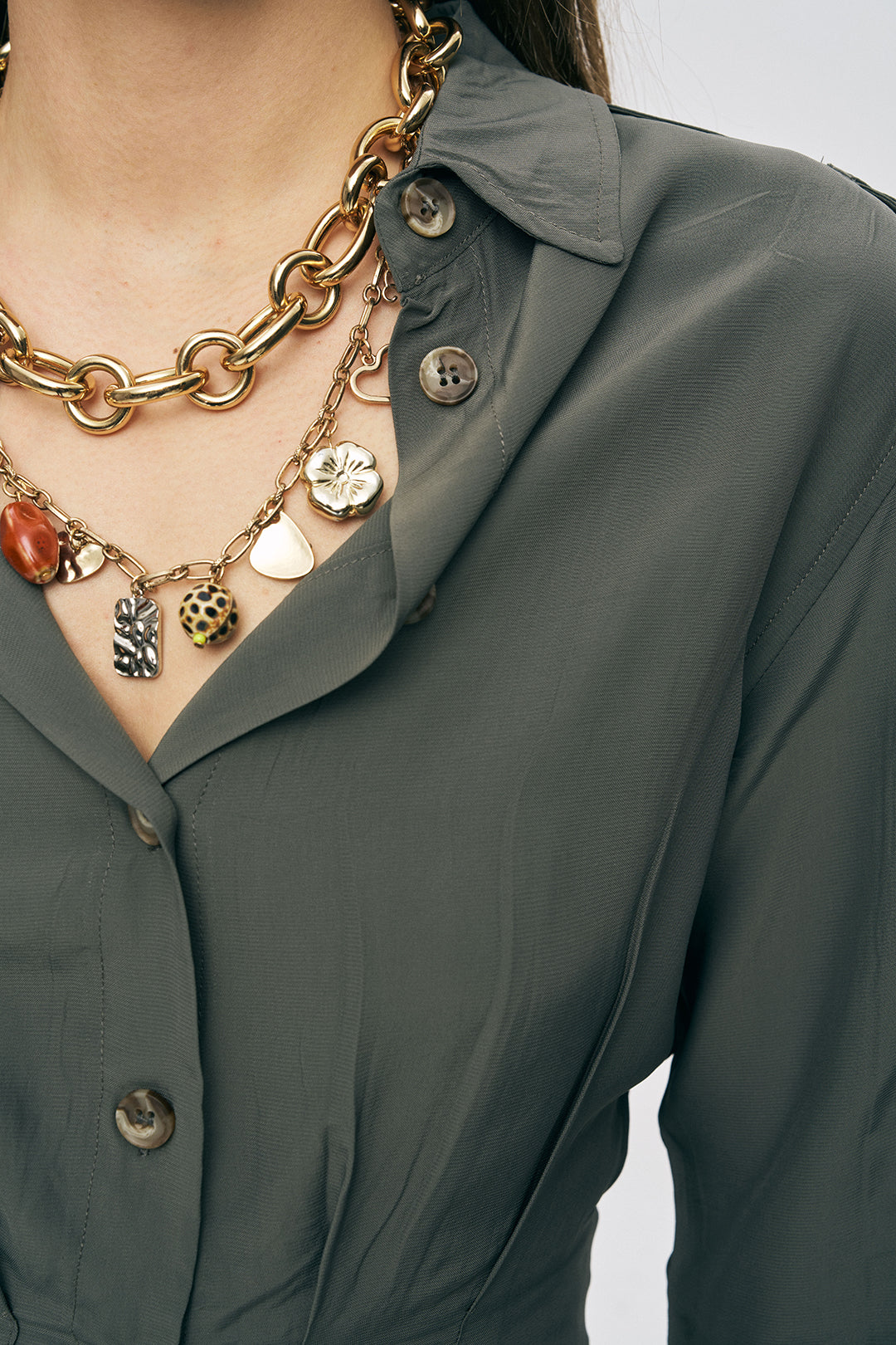 Orfeonegro Haki Rengi Kruvaze Detaylı Crop Tasarım Gömlek