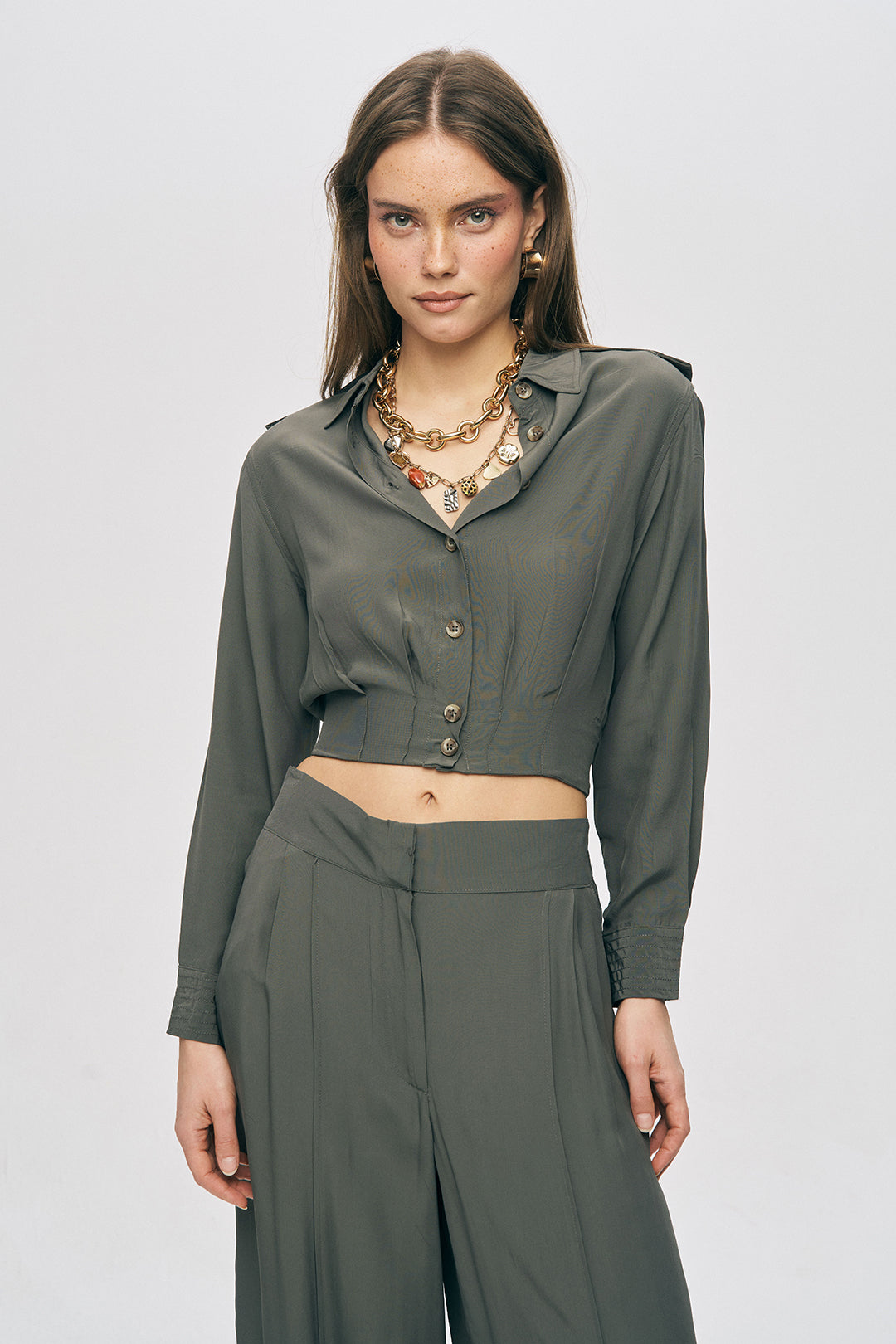 Orfeonegro Haki Rengi Kruvaze Detaylı Crop Tasarım Gömlek