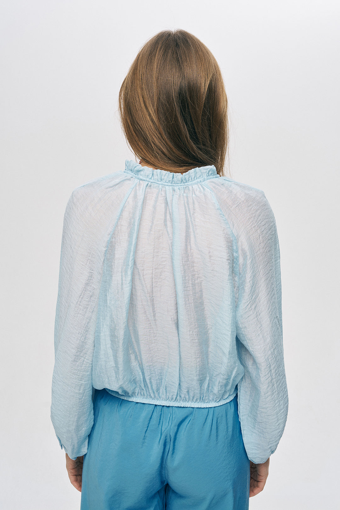 Orfeonegro İnce Dokulu Manşetli ve Beli Lastikli Şık Mavi Bluz