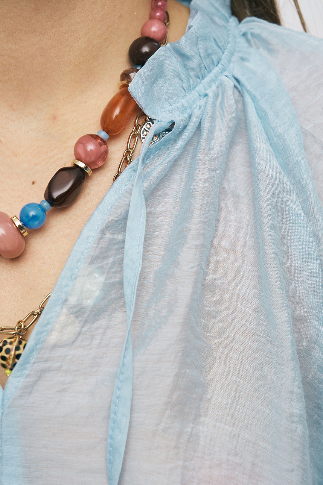 Orfeonegro İnce Dokulu Manşetli ve Beli Lastikli Şık Mavi Bluz