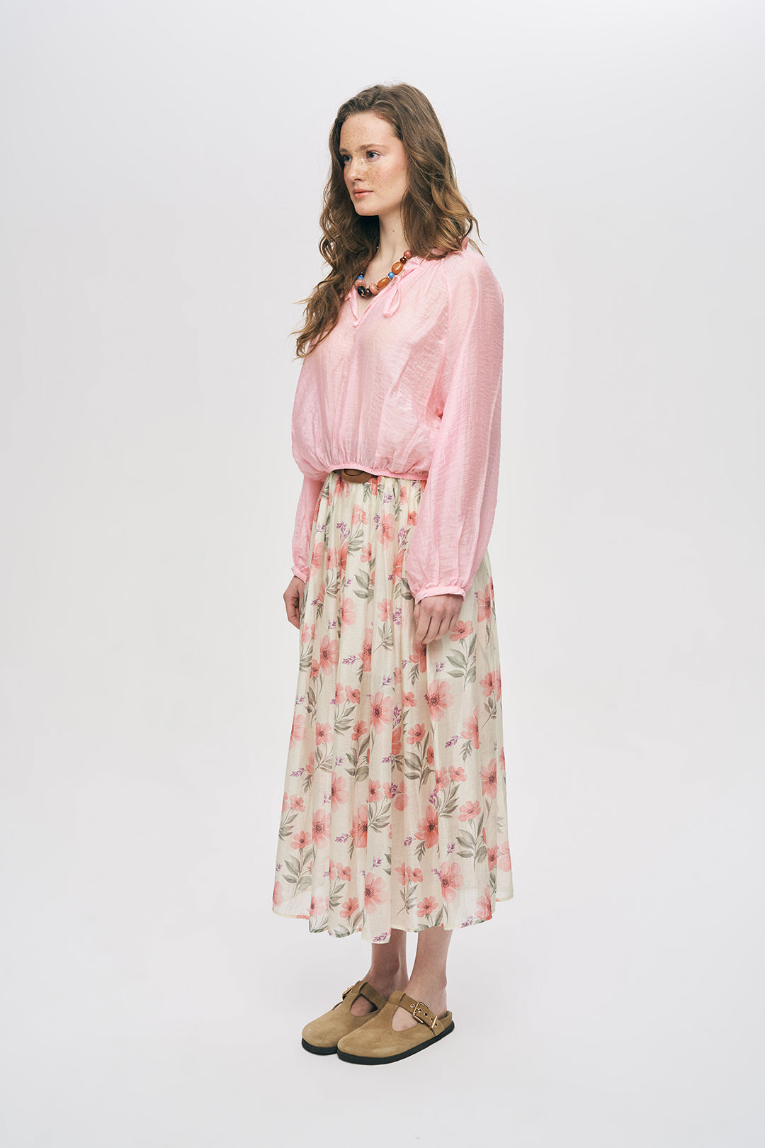 Orfeonegro İnce Dokulu Manşetli ve Beli Lastikli Şık Pembe Bluz