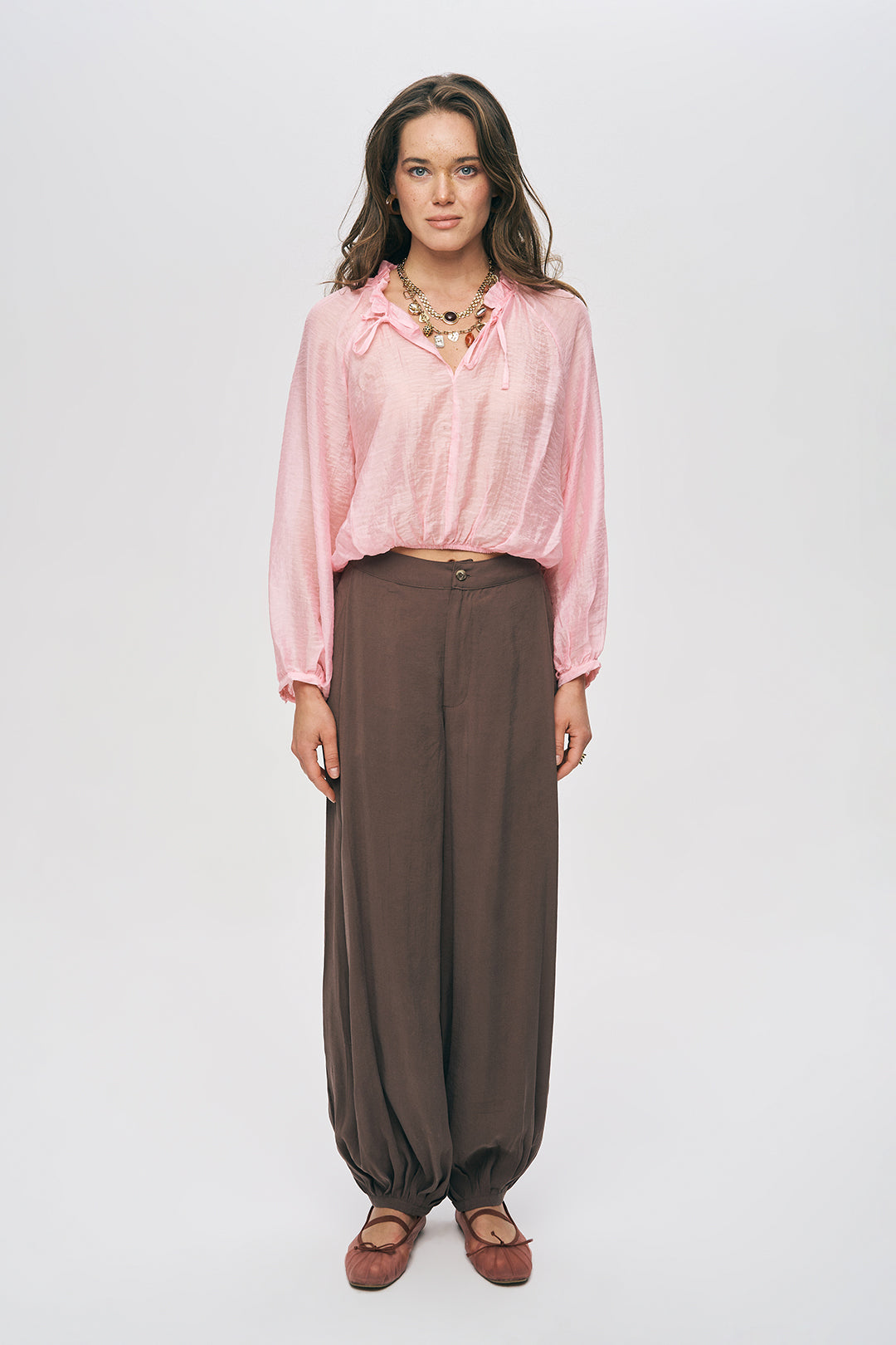 Orfeonegro İnce Dokulu Manşetli ve Beli Lastikli Şık Pembe Bluz