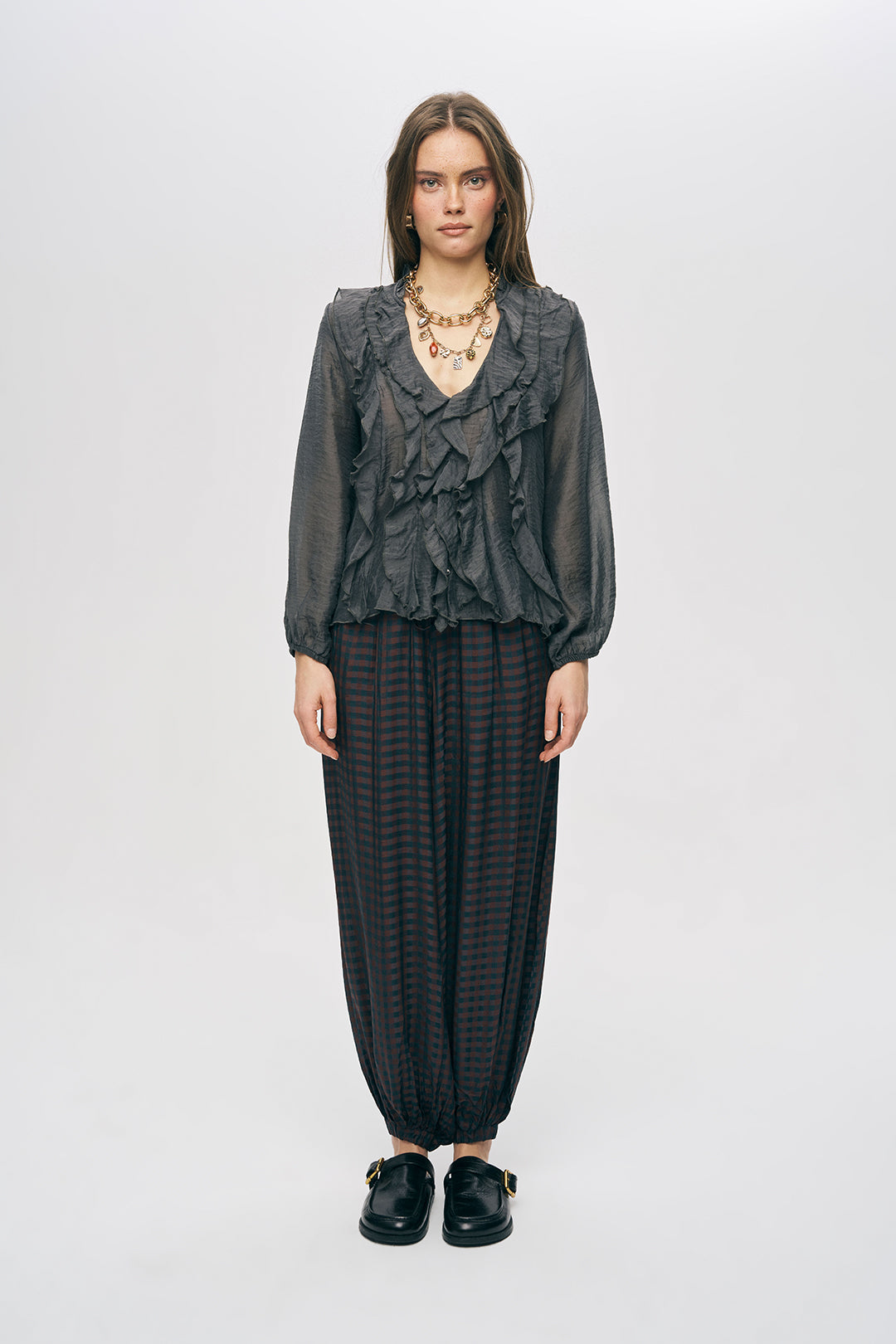 Orfeonegro Antrasit Volan Detaylı Liyosel Karışımlı Şifon Gömlek