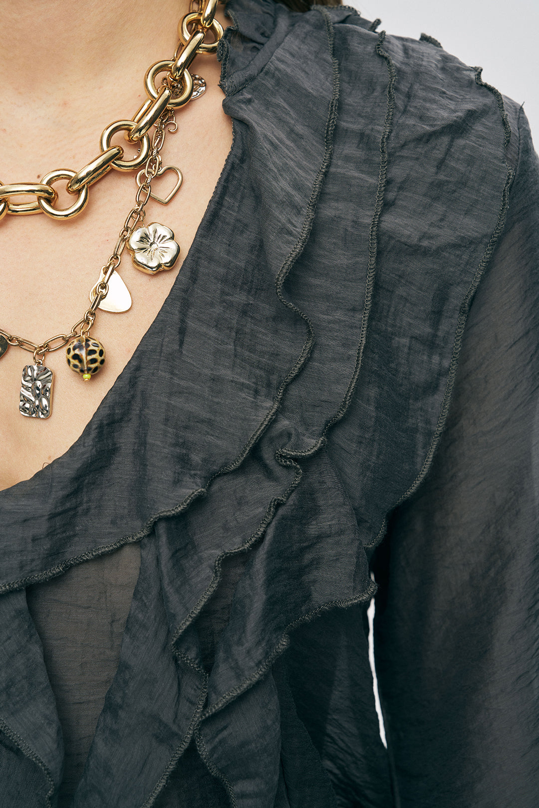 Orfeonegro Antrasit Volan Detaylı Liyosel Karışımlı Şifon Gömlek