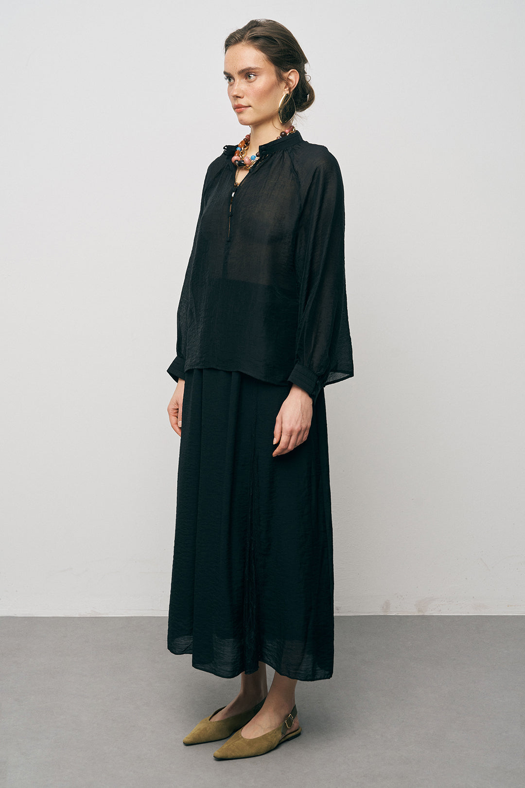 Orfeonegro Hakim Yaka Düğme Detaylı Şifon Gömlek Siyah