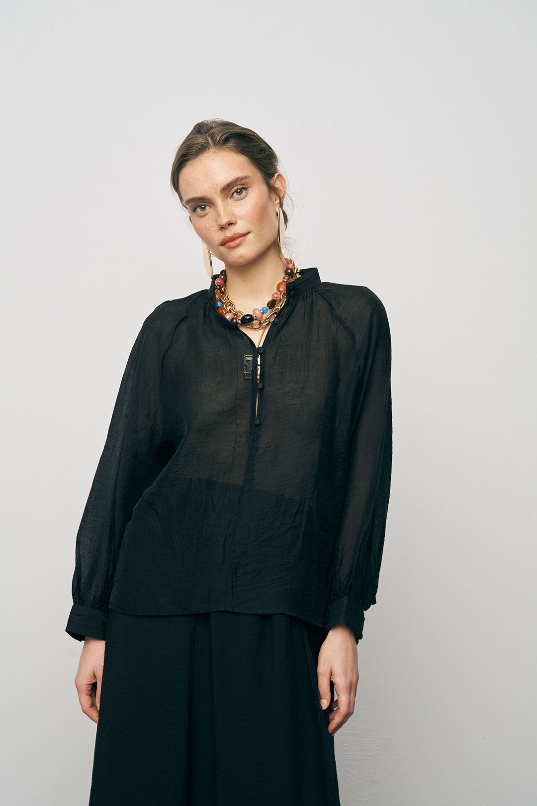 Orfeonegro Hakim Yaka Düğme Detaylı Şifon Gömlek Siyah
