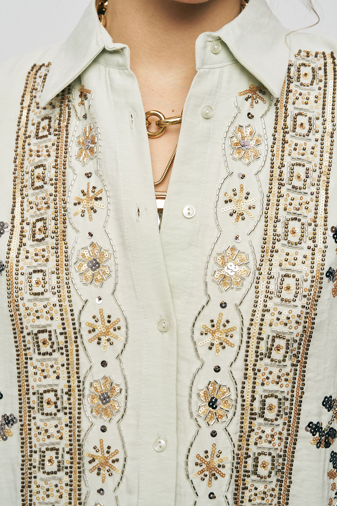 Orfeonegro Özel Tasarım Payet ve Boncuk İşlemeli Oversize Gömlek Mint