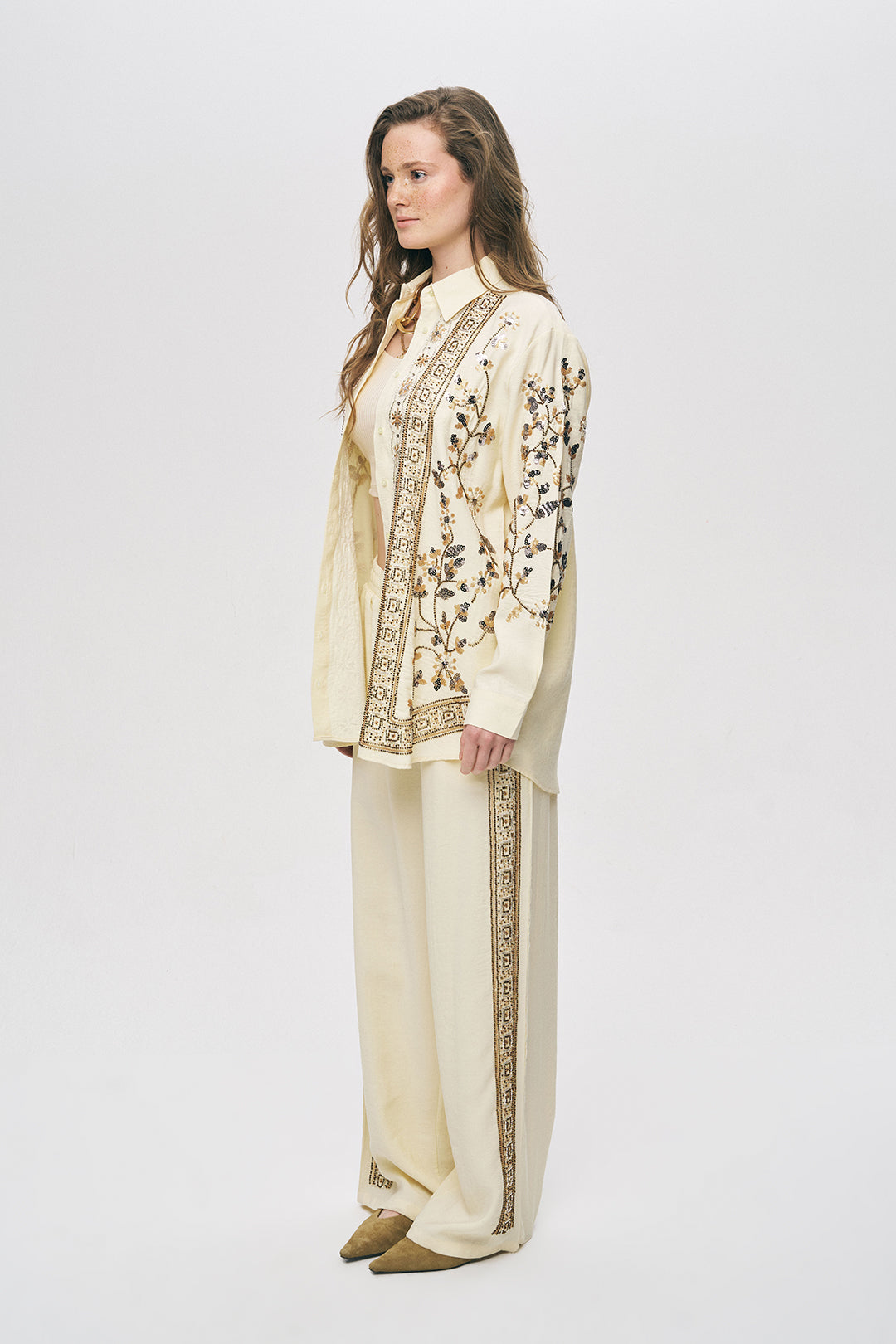 Orfeonegro Özel Tasarım Payet ve Boncuk İşlemeli Oversize Gömlek Sarı