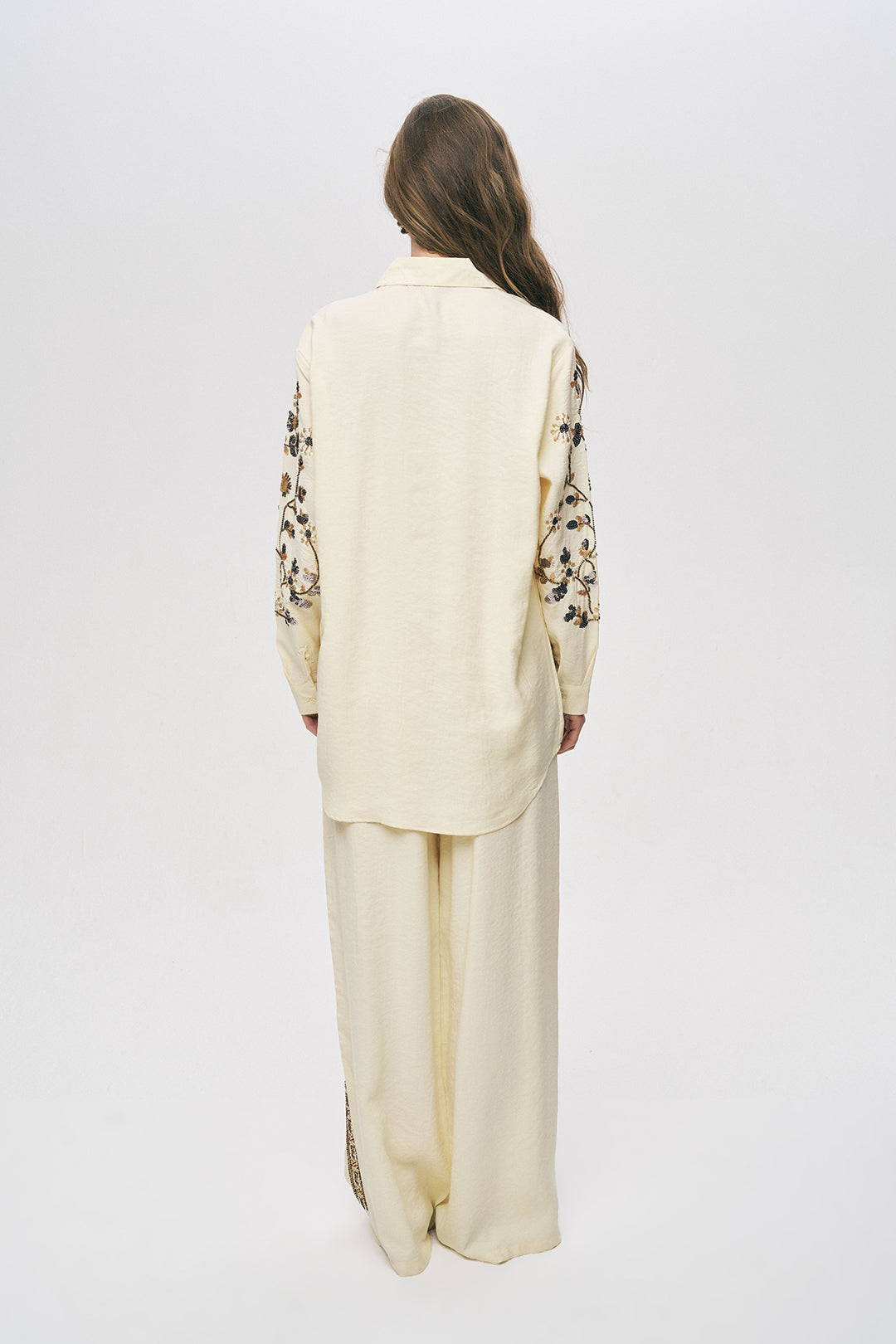 Orfeonegro Özel Tasarım Payet ve Boncuk İşlemeli Oversize Gömlek Sarı