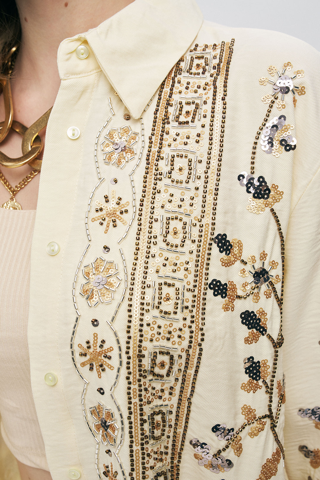 Orfeonegro Özel Tasarım Payet ve Boncuk İşlemeli Oversize Gömlek Sarı