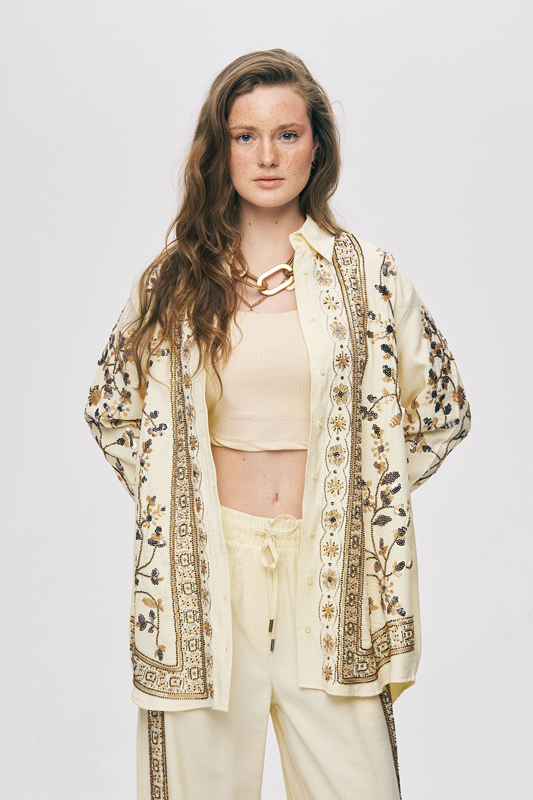 Orfeonegro Özel Tasarım Payet ve Boncuk İşlemeli Oversize Gömlek Sarı