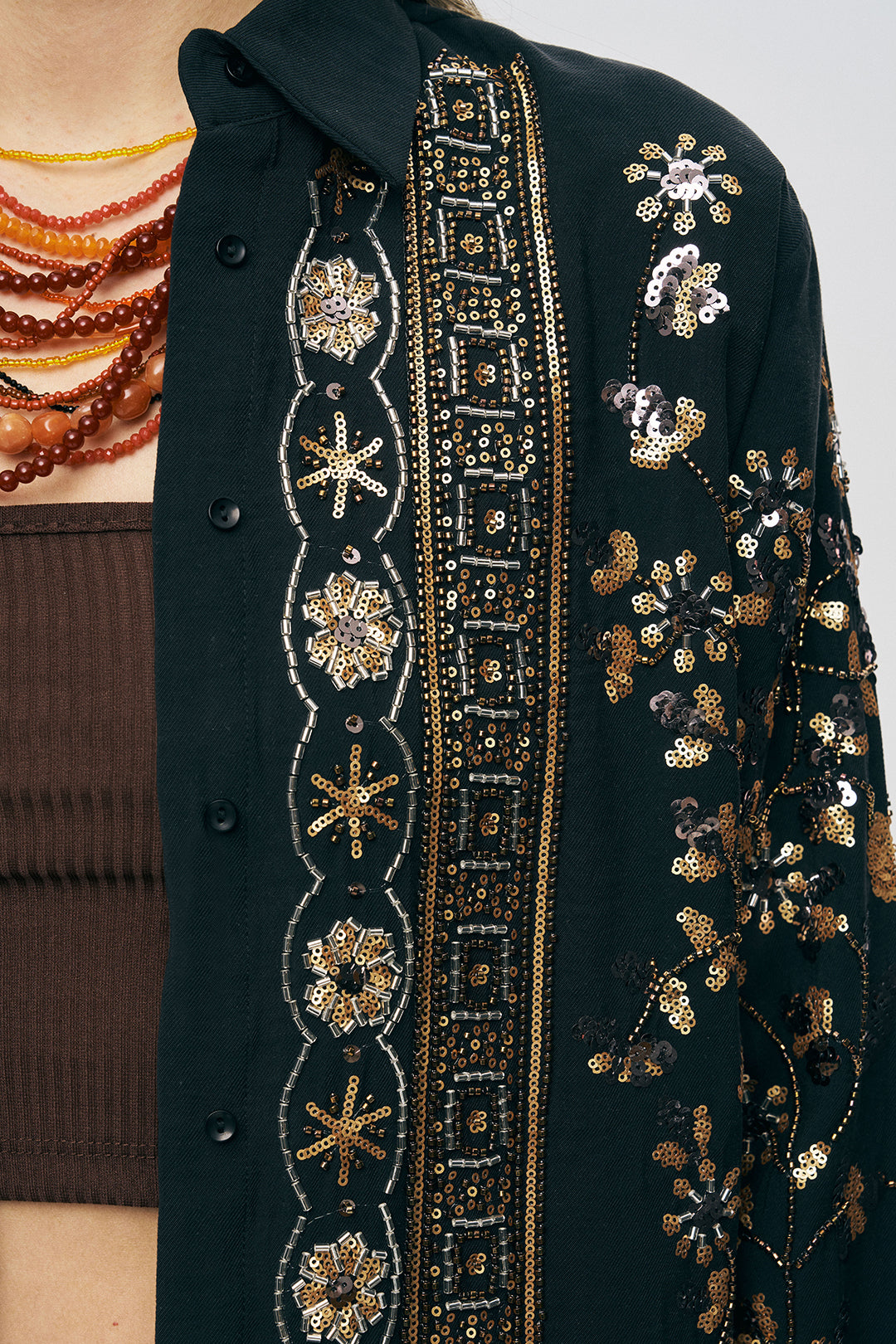 Orfeonegro Özel Tasarım Payet ve Boncuk İşlemeli Oversize Gömlek Siyah