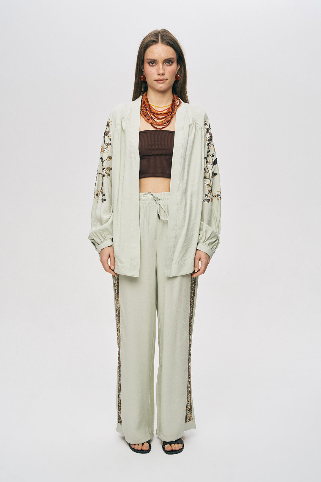 Orfeonegro Sırtı ve Kolu Payet Boncuk İşlemeli Mint Kimono