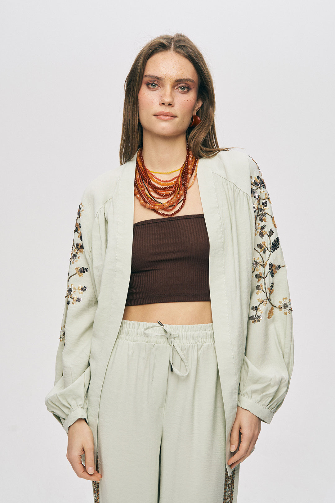 Orfeonegro Sırtı ve Kolu Payet Boncuk İşlemeli Mint Kimono