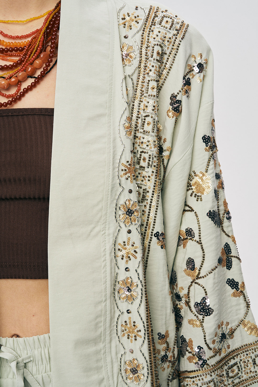 Orfeonegro Özel Tasarım Boncuk ve Nakış Detaylı Kimono Mint