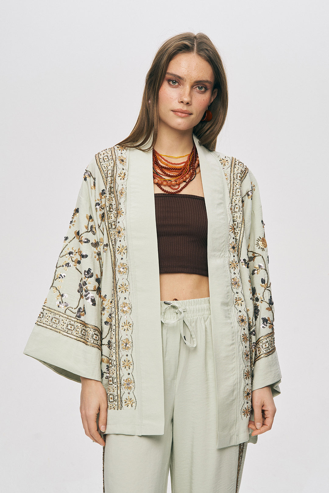 Orfeonegro Özel Tasarım Boncuk ve Nakış Detaylı Kimono Mint
