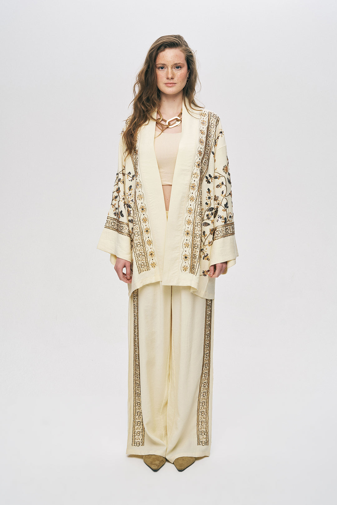 Orfeonegro Özel Tasarım Boncuk ve Nakış Detaylı Kimono Sarı